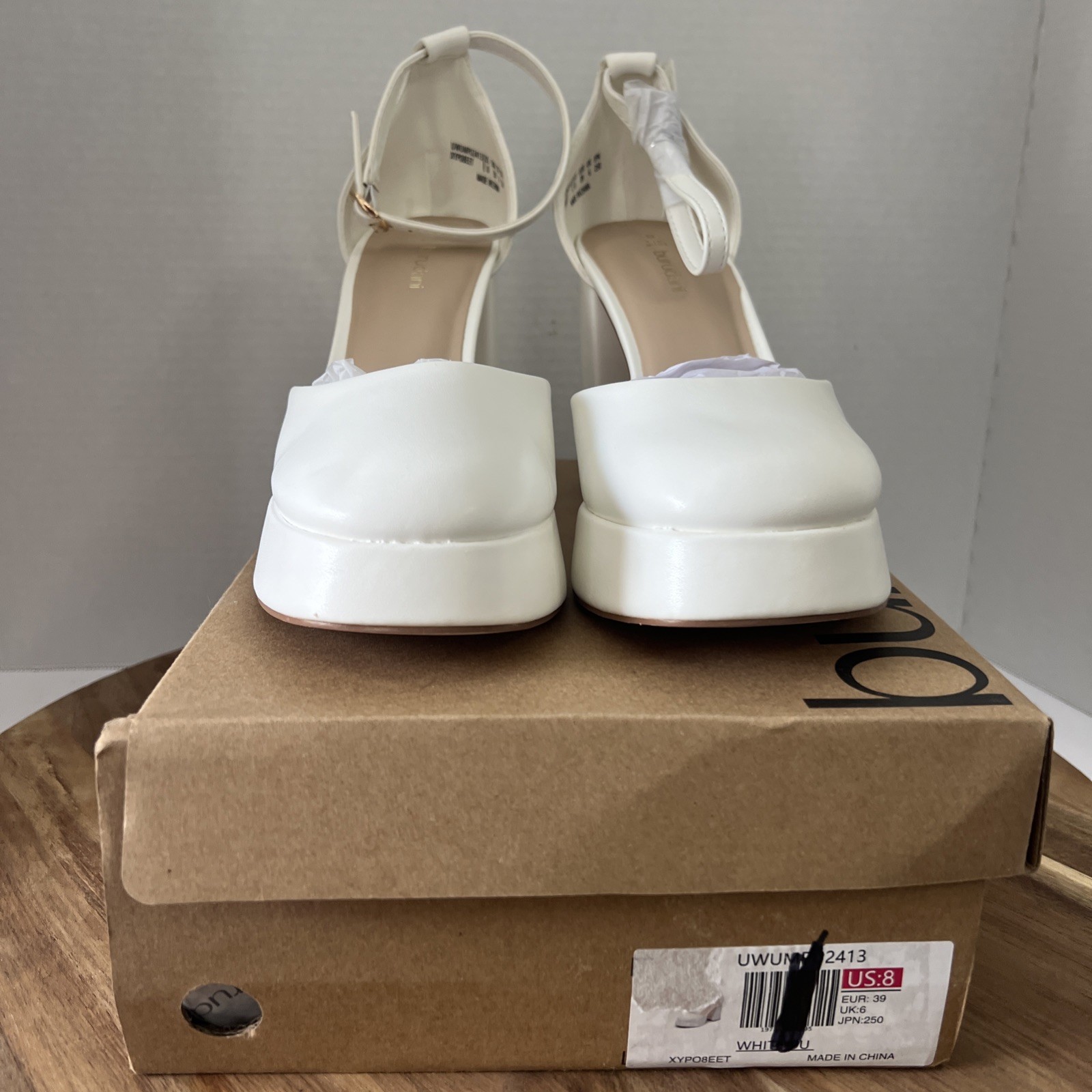 Burudani High Heels Chunky Block Platform Heels Ankle Strap Size US 8 White
