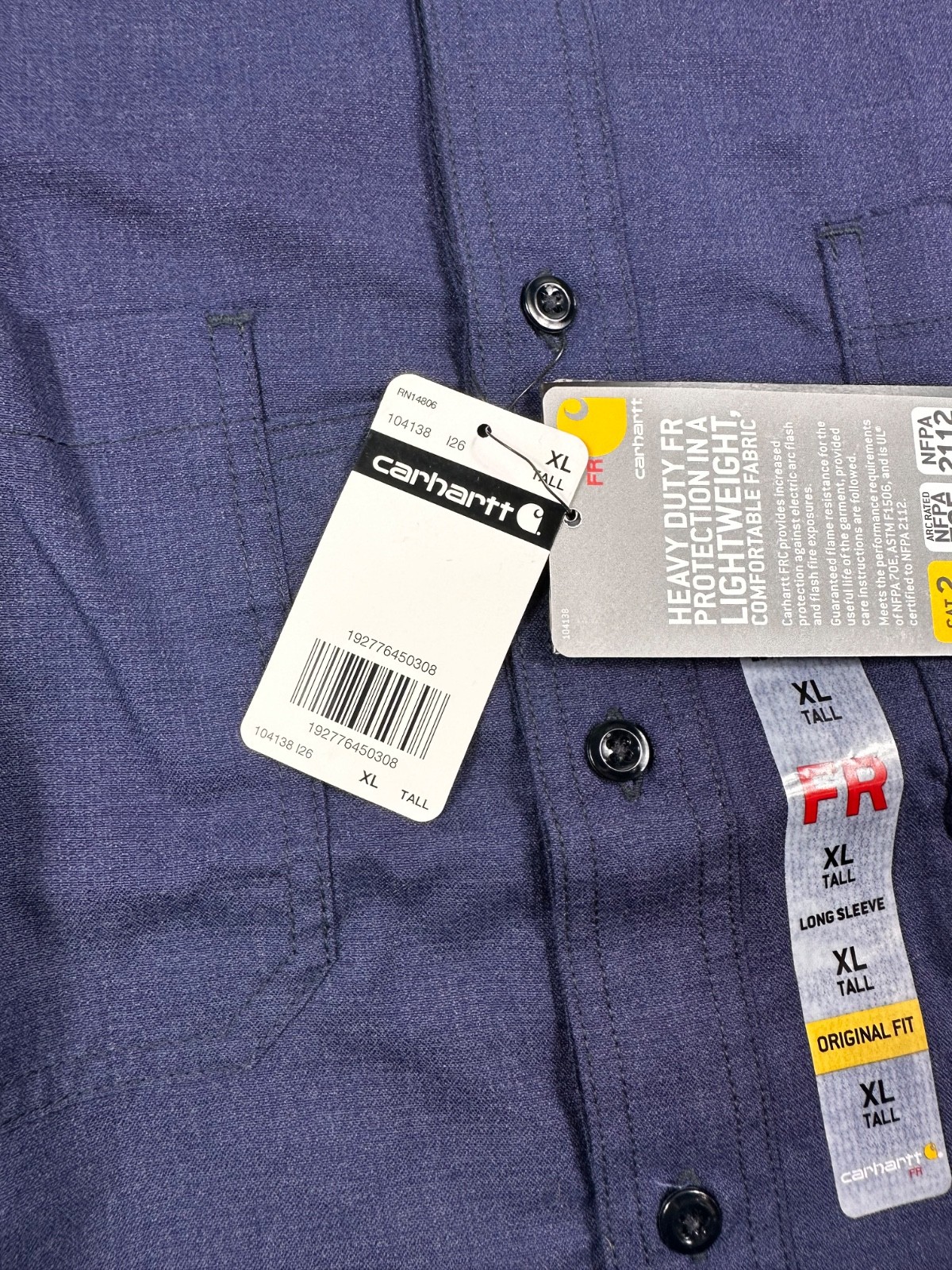 NWT Carhartt FR Force Flame Resistant Work Shirt XL Tall CAT 2 NFPA 2112 Navy