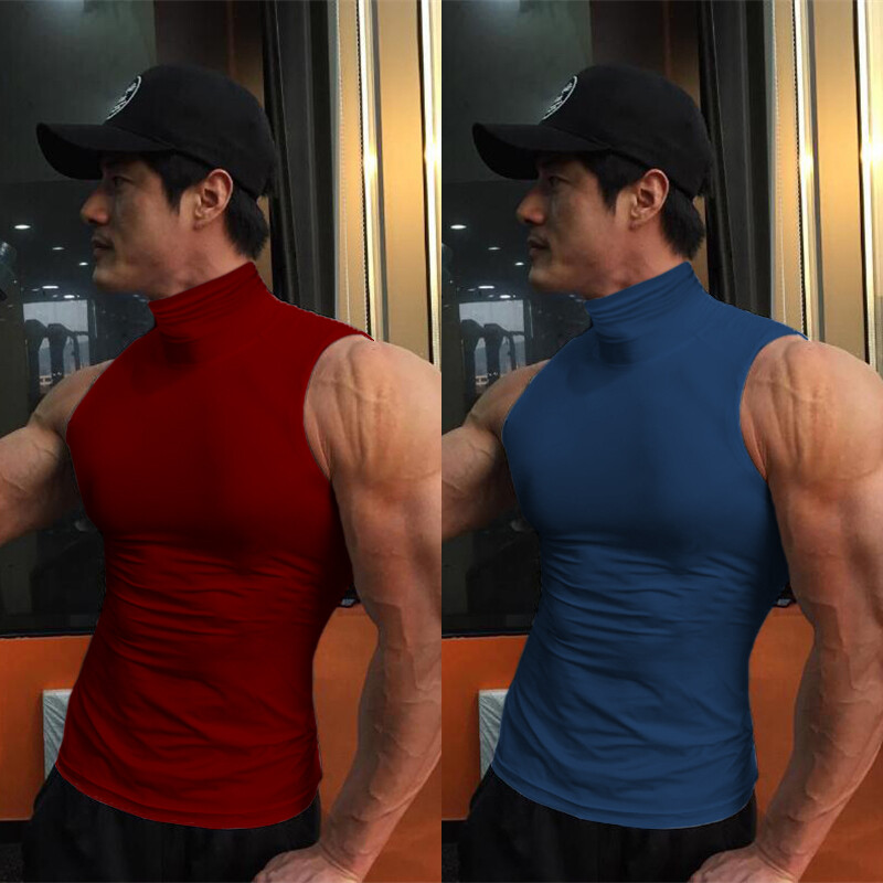 Men Mock Neck Shirt Casual Turtleneck Pullover Sleeveless Slim Fit Tops Stretch