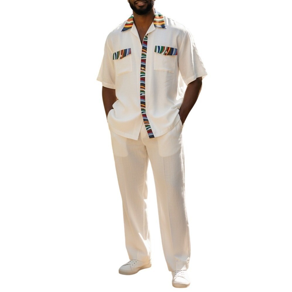 Possi New York 100% Ramie 2-Piece Set Men’s XXL White Walking Suit Colorful Trim