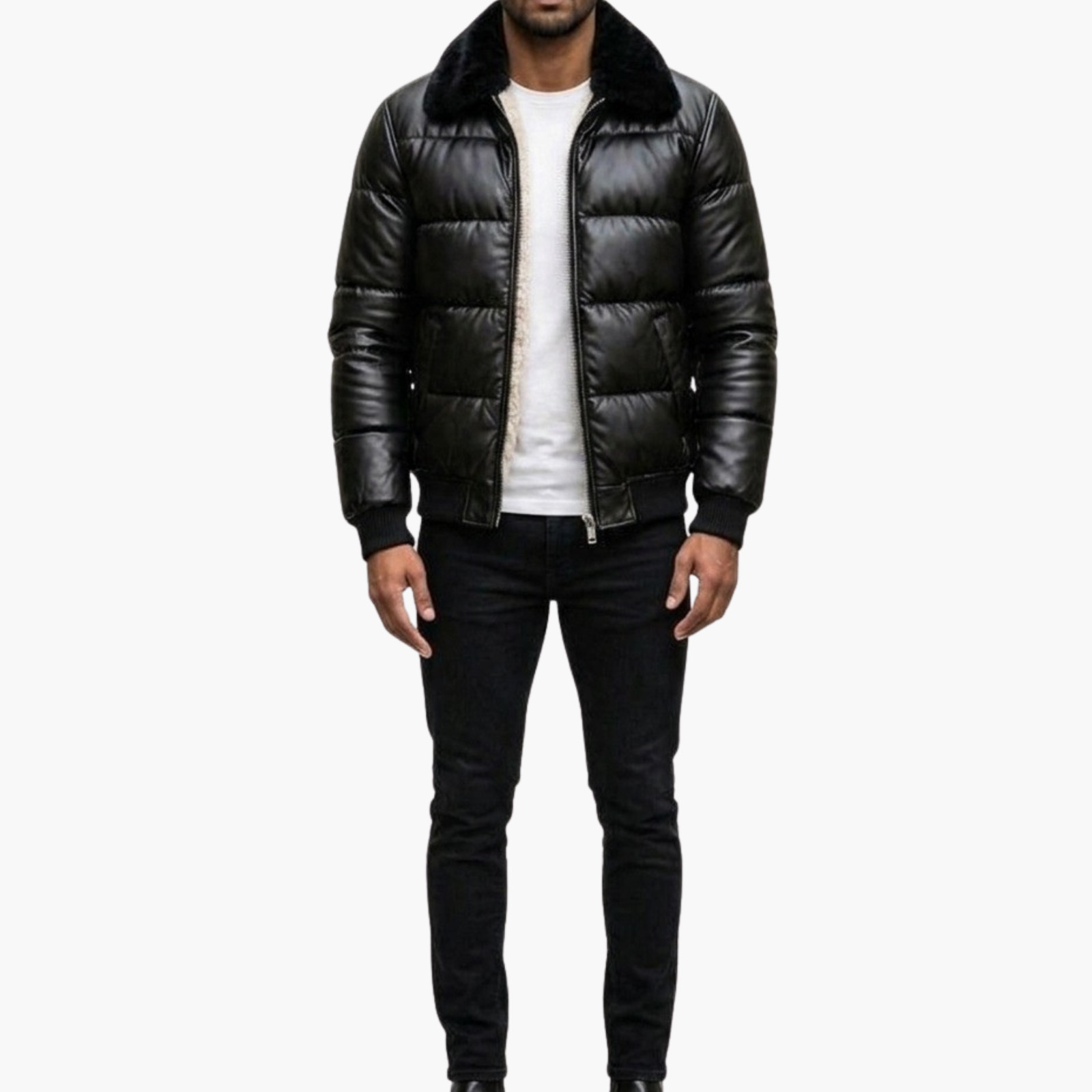 Men’s Black Leather Puffer Jacket with Faux Fur Collar, Winter Bomber Jacket
