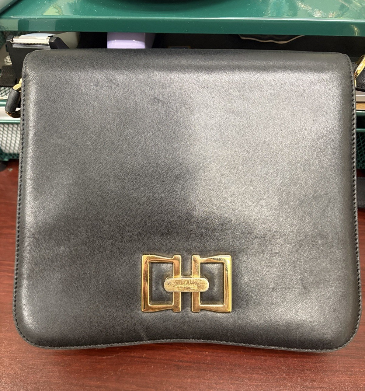 Salvatore Ferragamo Black Shoulder Bag Logo Pattern Gold Tone Hardware Magnetic