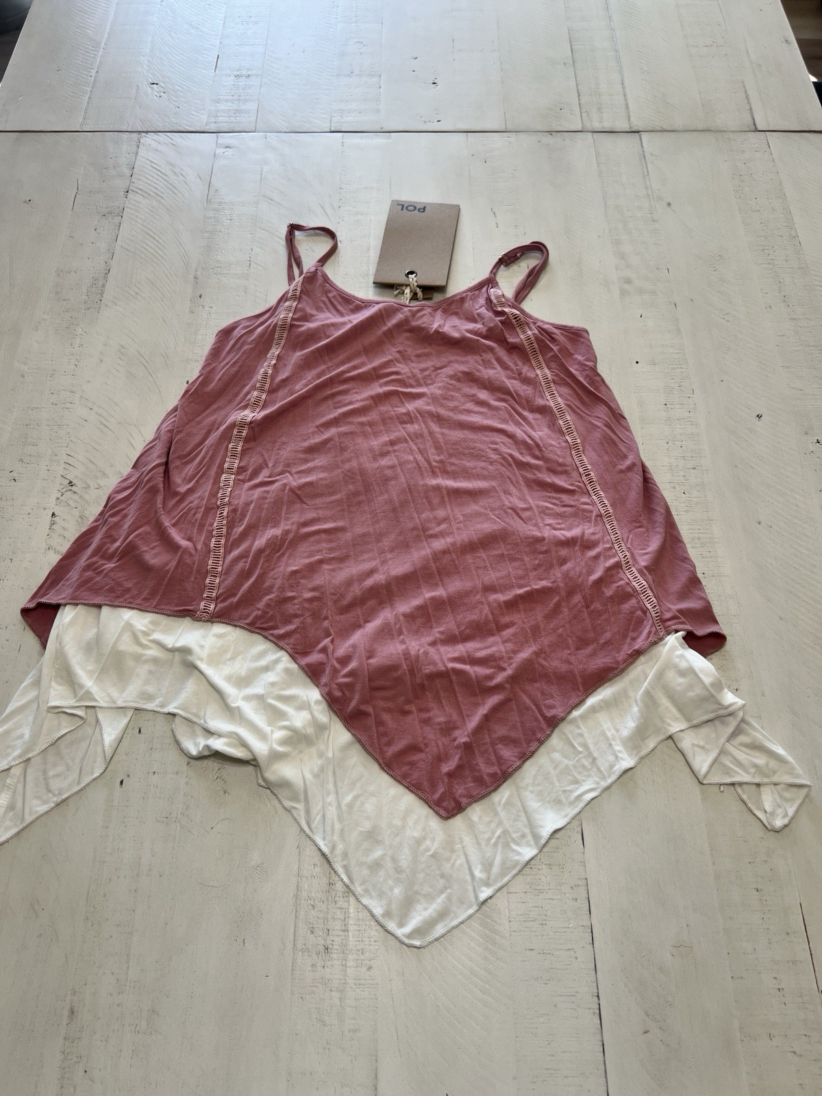 POL Pink White Layered Sleeveless Tank Top Handkerchief Hem M Knit