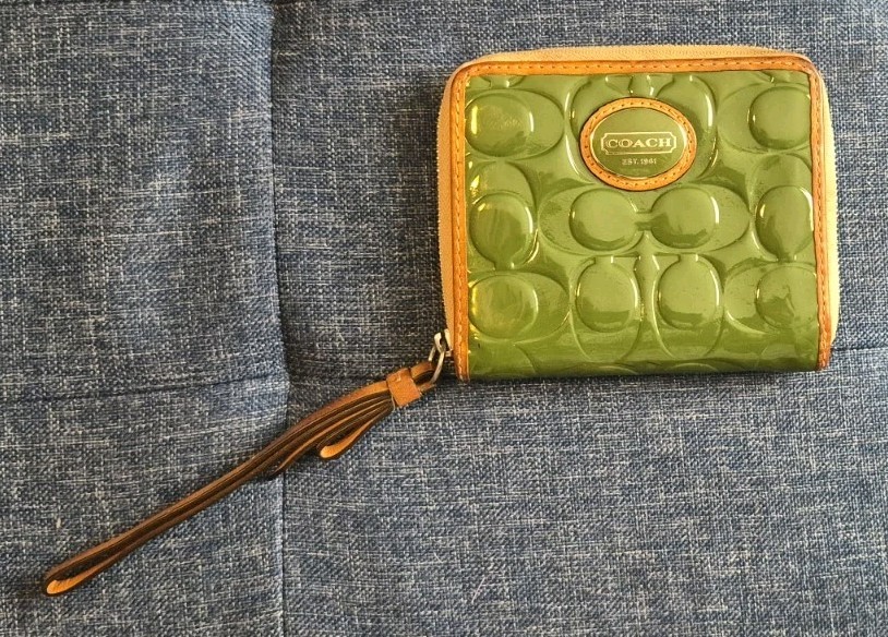 Coach Women’s Green Zip-Around Wristlet Wallet w/ Logo Pattern, Credit Card