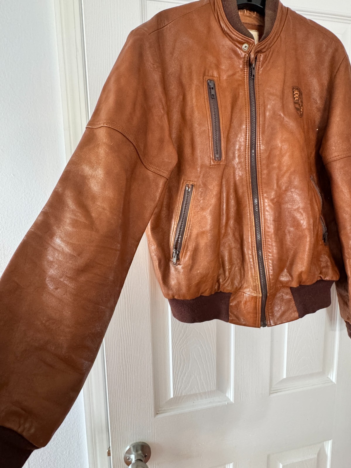 VINTAGE LEATHER PORSCHE JACKET ZIP UP THE LEATHER WORKS CALIFORNIA 21.5″x27.5″