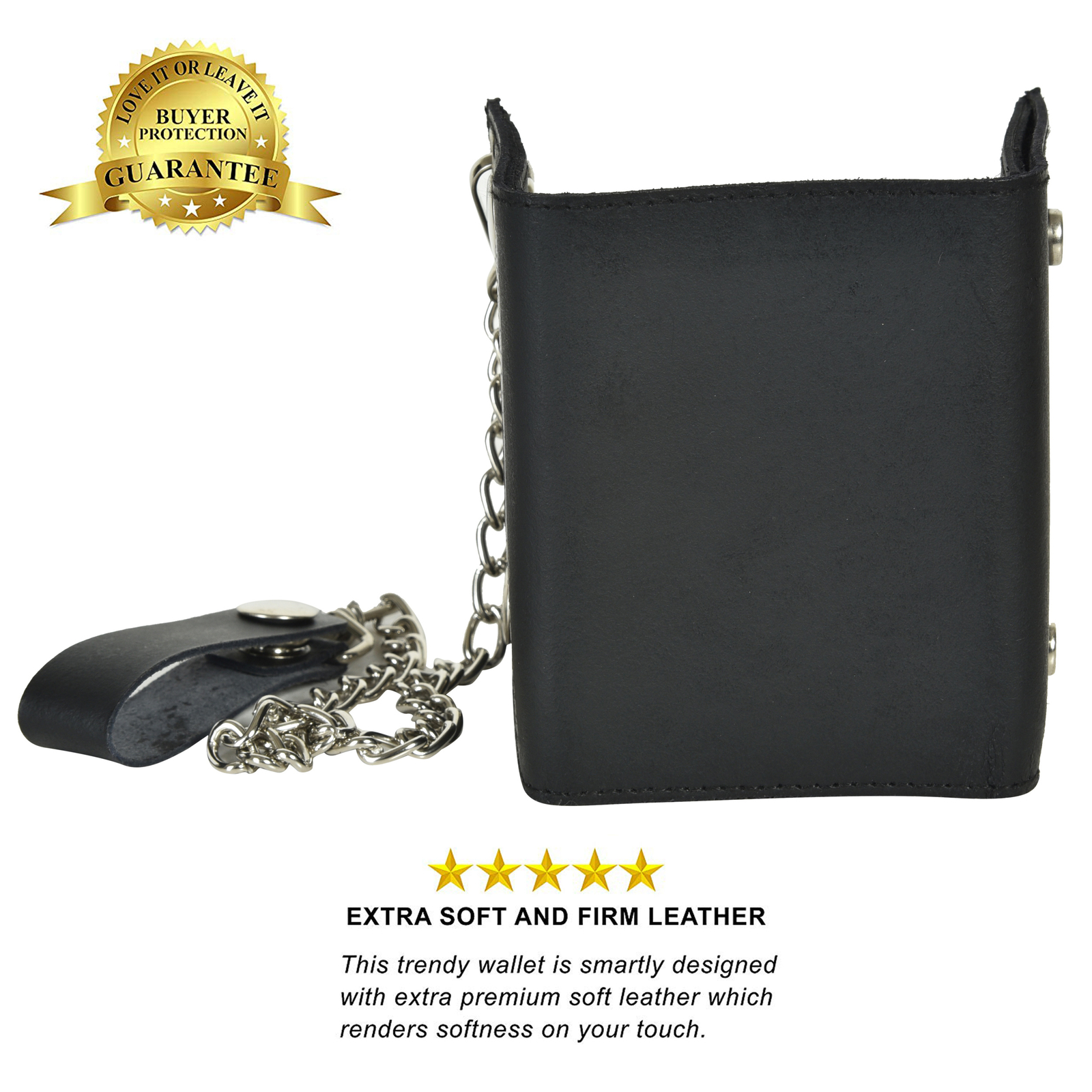 Leatherboss Genuine Leather Men EAGLE Trifold Wallet Chain Biker Trucker, Black