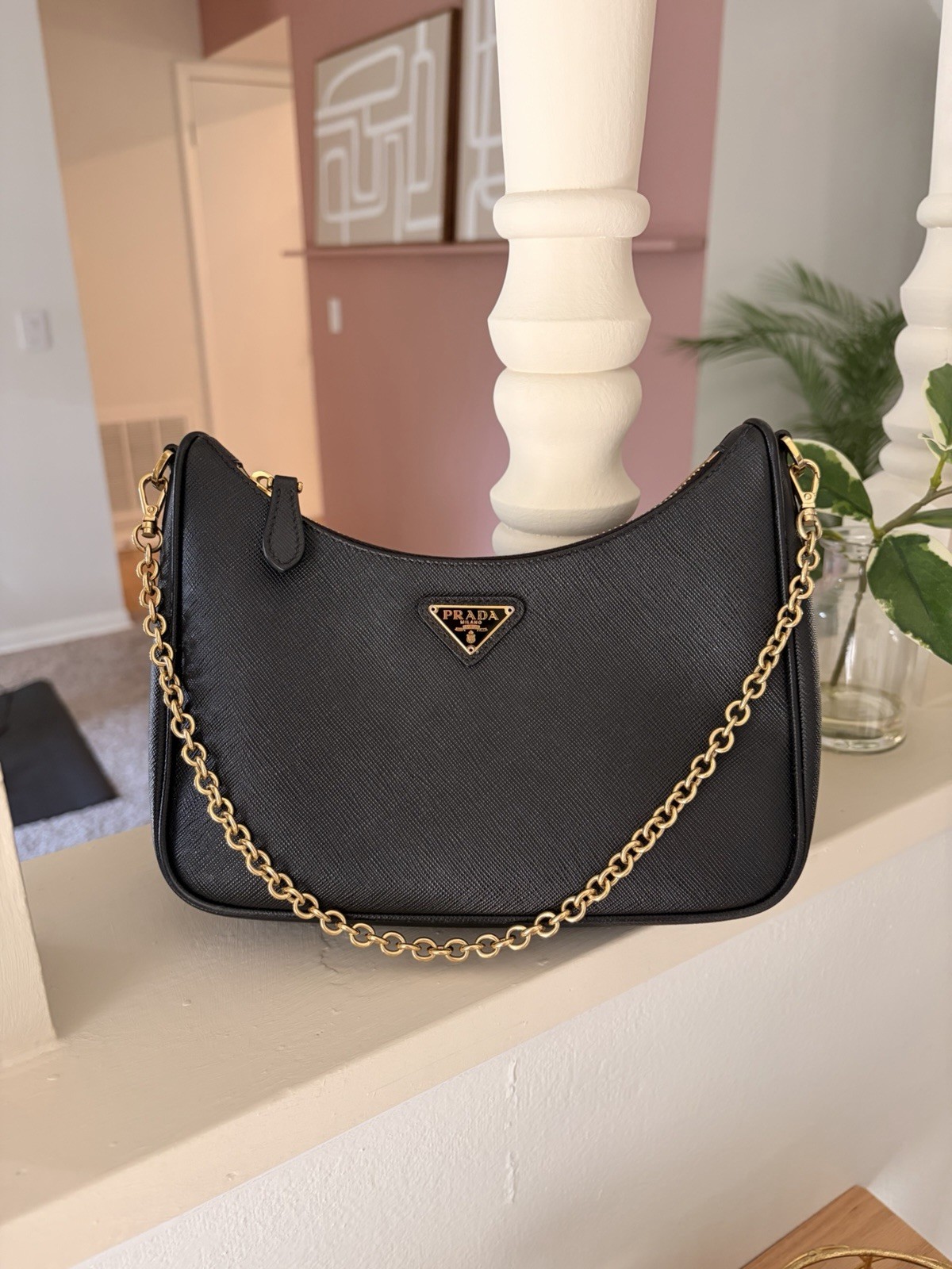 PRADA Re-Edition 2005 Saffiano Leather Designer Bag Gold Chain Adjustable Purse