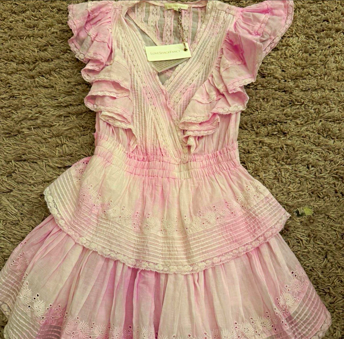 LoveShackFancy Pink/White Cotton Lace Ruffle Smocked V-Neck Mini Dress XS