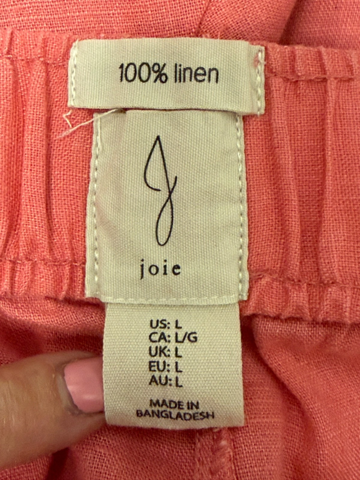 JOIE LINEN PANTS-Coral, Full Leg, Elastic Waistband, Drawstring, Pockets, Large