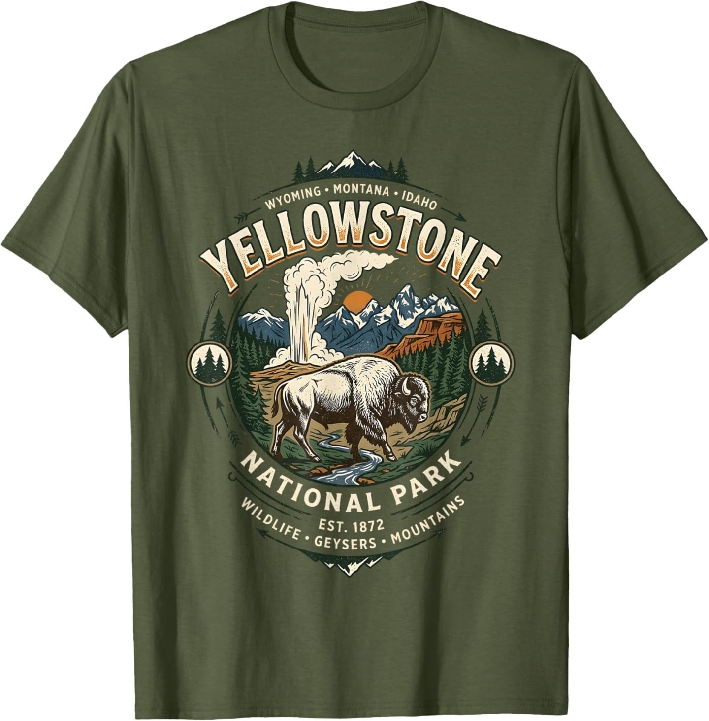 Yellowstone National Park Vintage Bison and Geyser Emblem T-Shirt