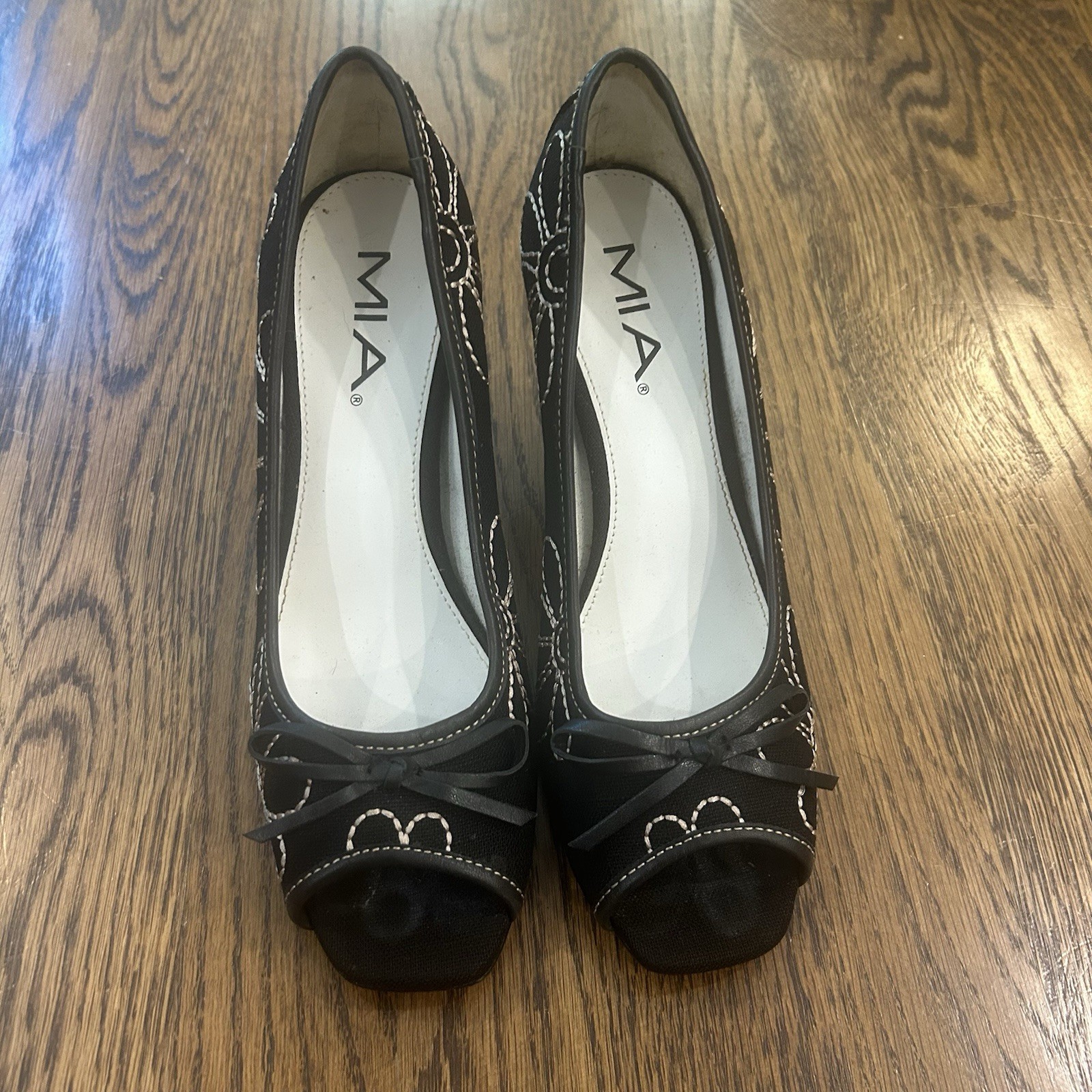 MIA Black/White Square Toe Pumps Block Heel Slip On Bow Solid Women’s 7.5