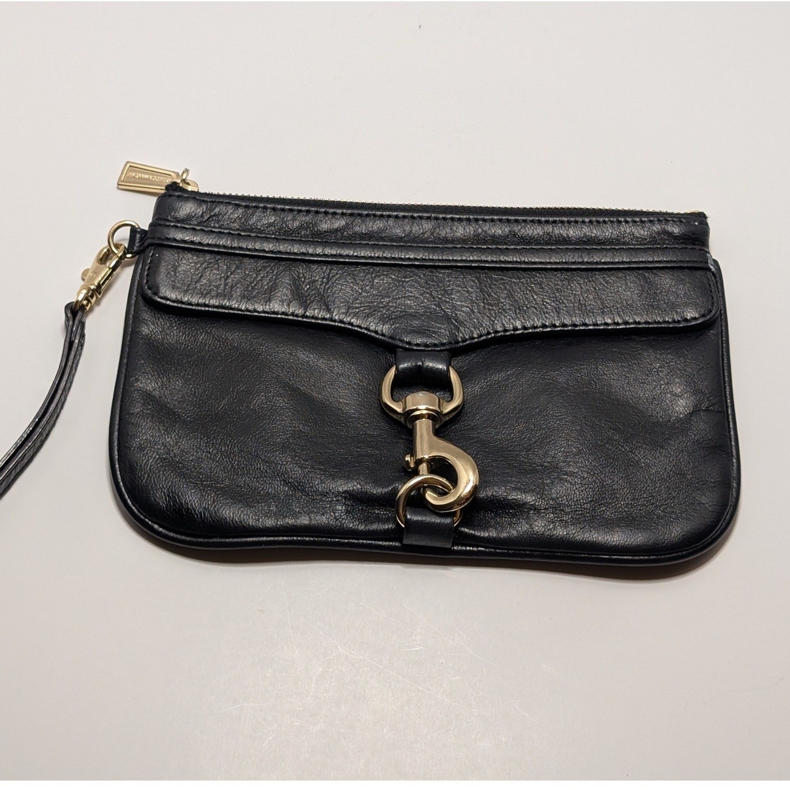 Rebecca Minkoff MAC Wristlet Clutch Black Leather Gold Hardware Polka Dot Lining