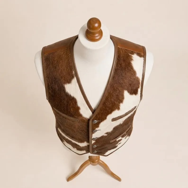 Cowhide Leather Vest Men’s Brown White Vintage Rancher Western Style