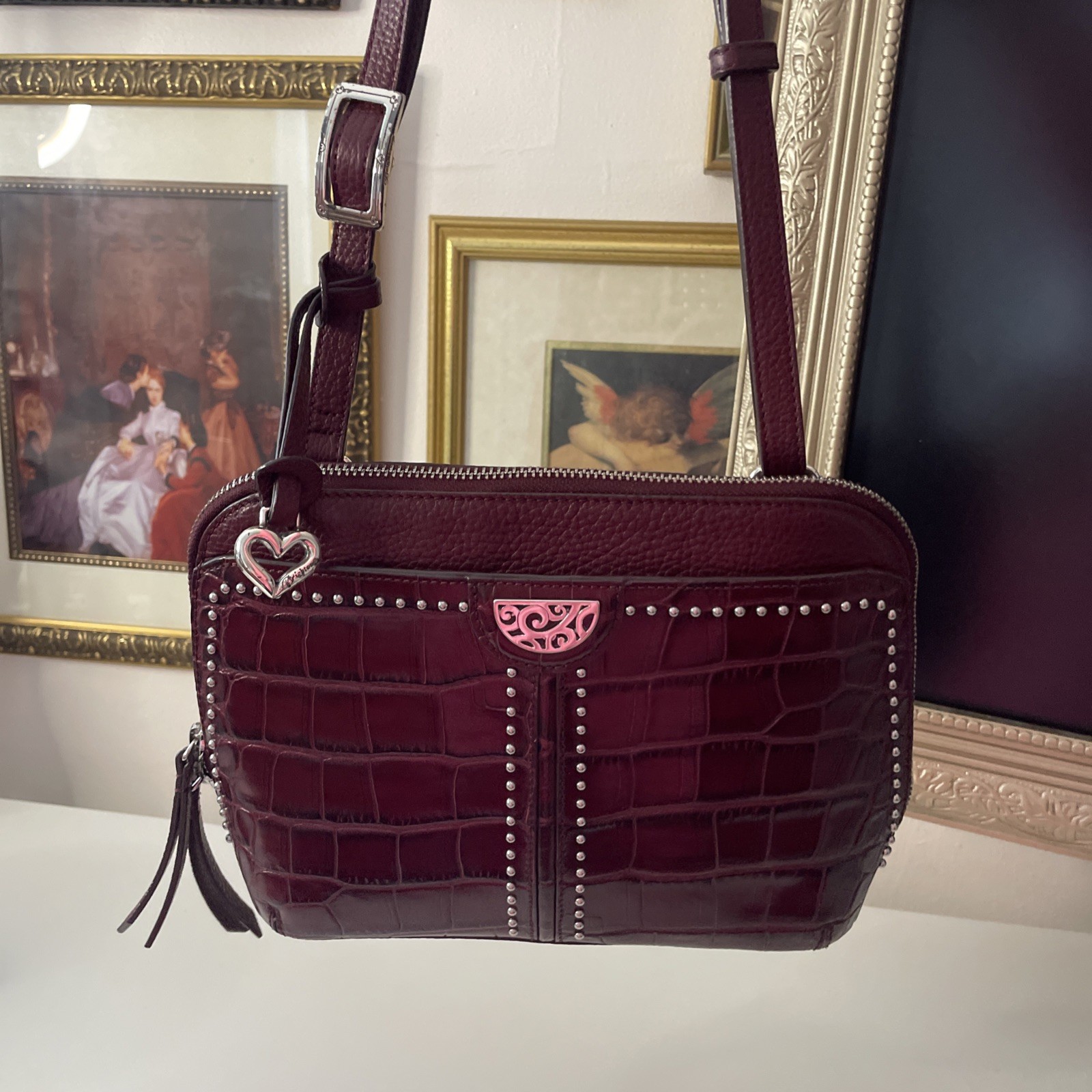 Stunning BRIGHTON Pretty Tough Studded Jojo Bag In Berry Croc Embossed Leather