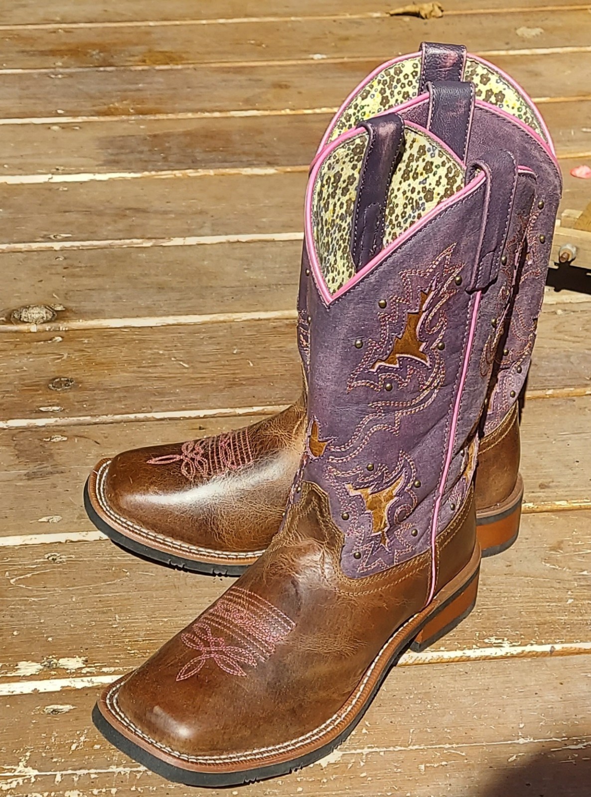 Laredo Boots Womens 8 M Leather Brown Purple Pink Square Toe Studded Western