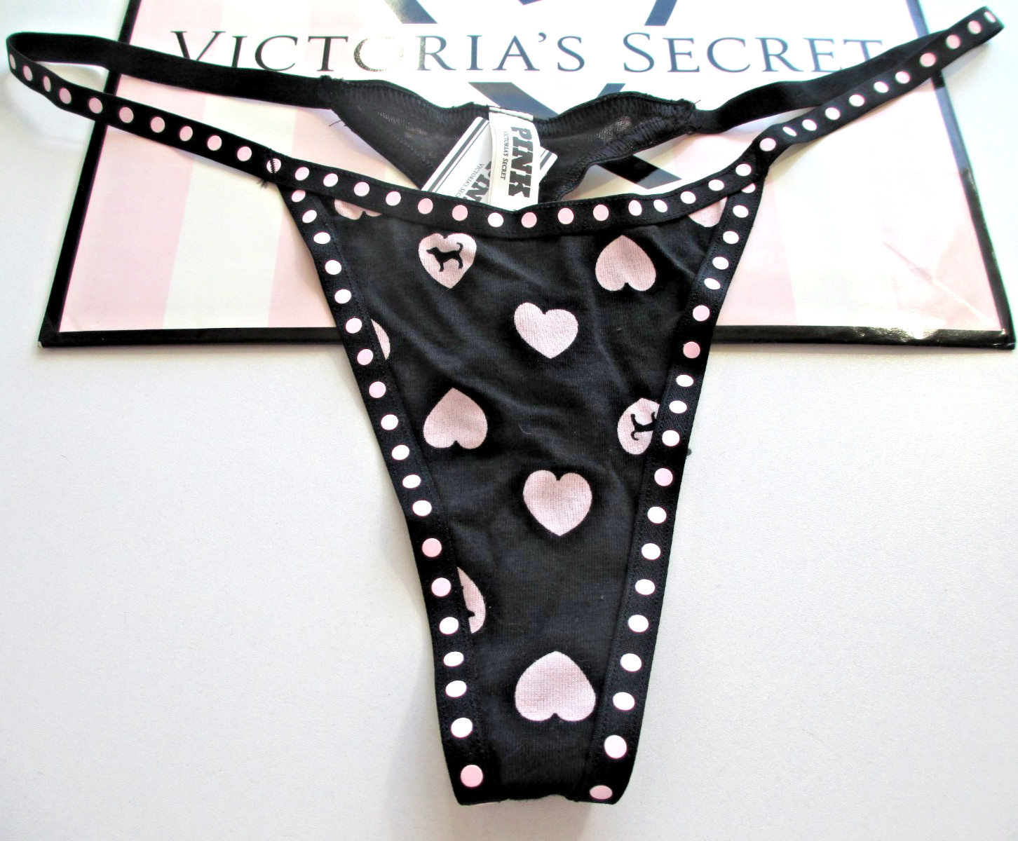 VICTORIA’S SECRET PINK Cotton High Leg Thong Panty S M L XL Black Polka Dot NWT