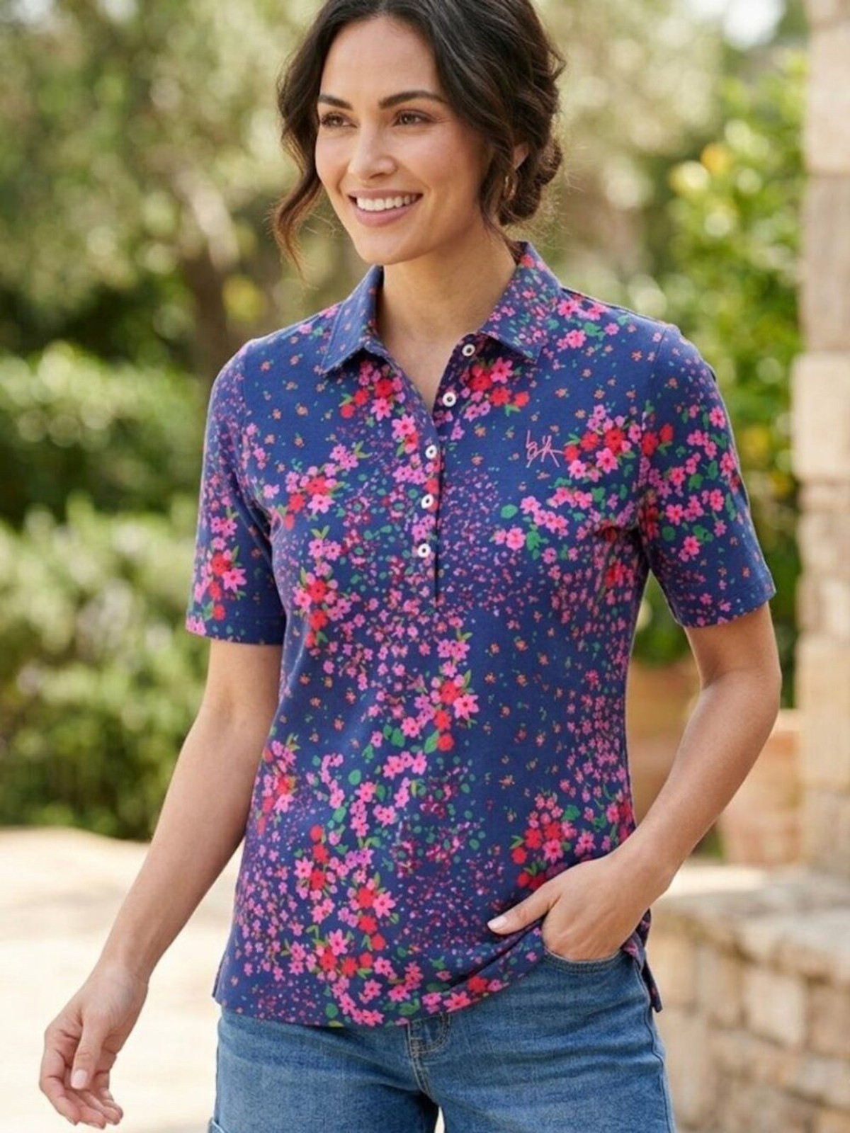 Isaac Mizrahi Live Floral Polo Top Preppy Casual Short Sleeve Blue Pink Shirt