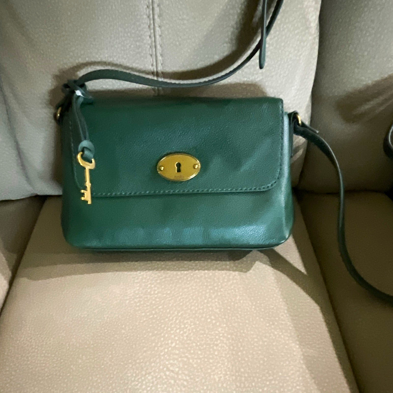 Small Green Crossbody Bag w/ Turn Lock & Zip, Key/Lock Charm, Gold HW