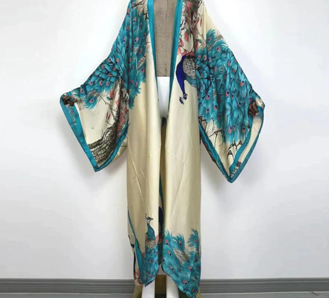 Pink Peacock Kimono Batwing Cardigan Silky Robe Beach Kaftan Robe Pink Abaya