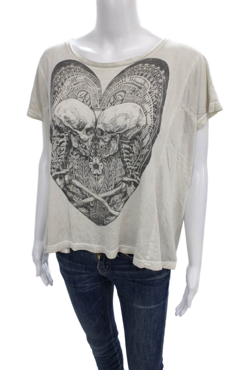 Allsaints Womens Basic Beige Floral Scoop Neck Short Sleeve T-Shirt Size S