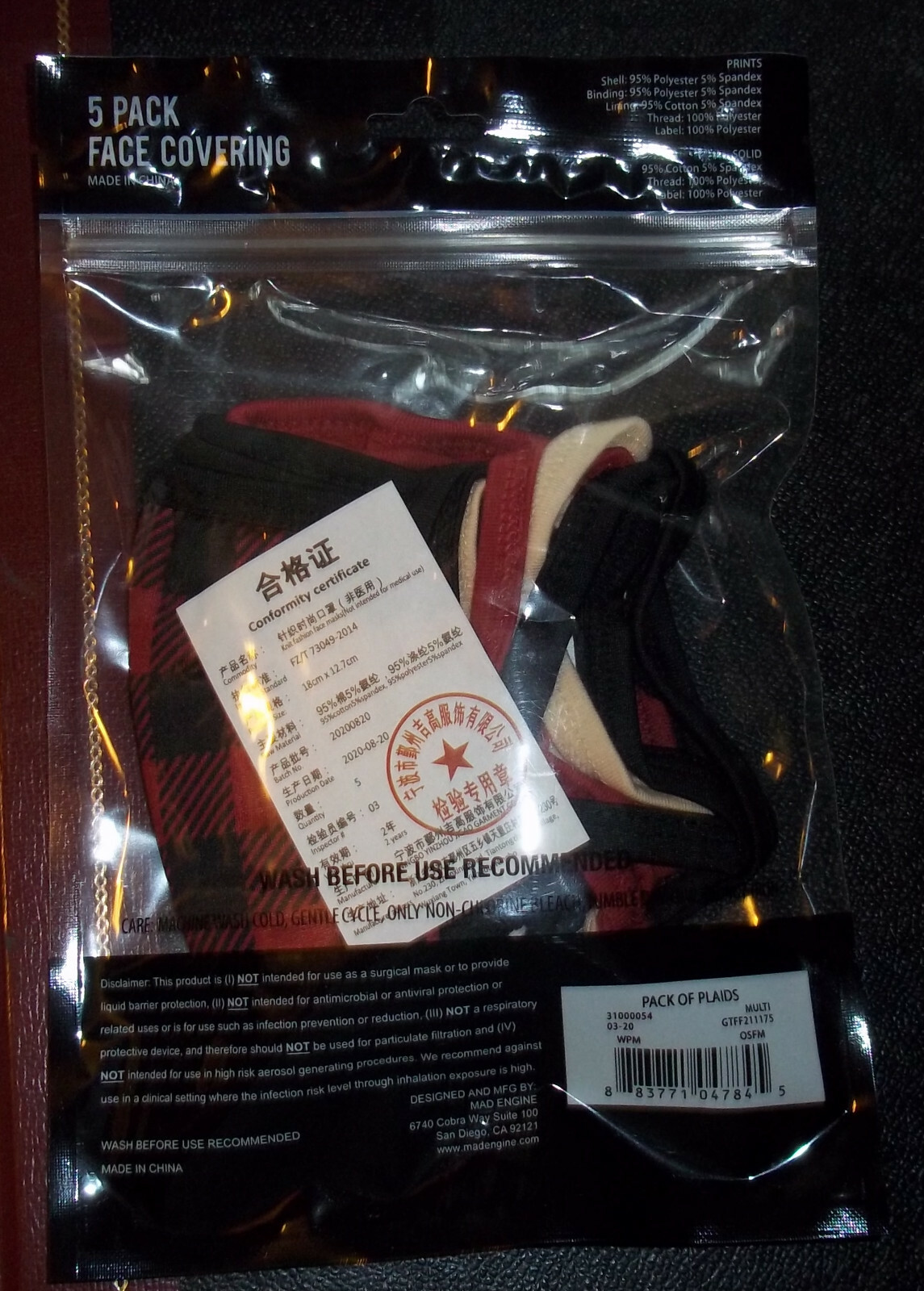 MAD Engine 5 Pack Face Cloth Face Coverings – Pack of Plaids-Washable NIP