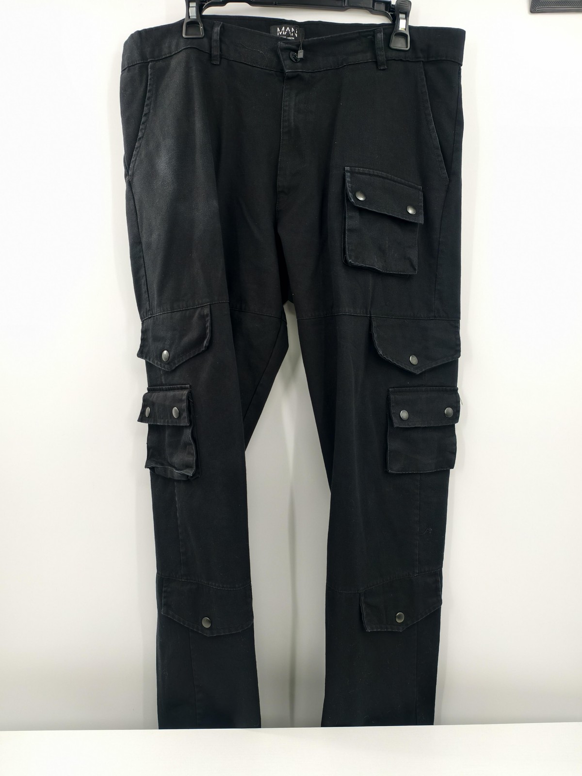 BoohooMAN Black Cargo Pants Mens Large Multi Pocket Streetwear Design