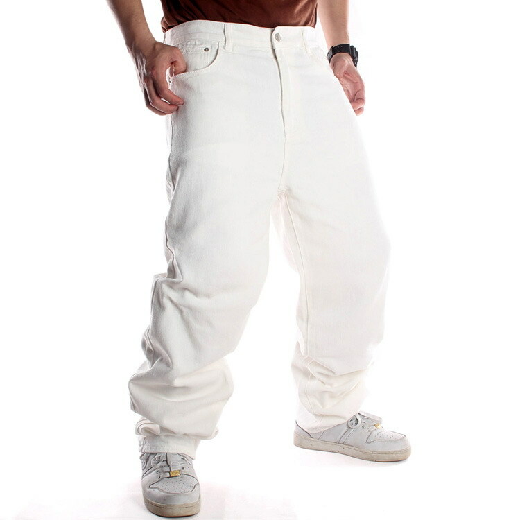 Mens Jeans White Denim Hip-Hop Baggy Skateboard Pants Relaxed Loose Streetwear