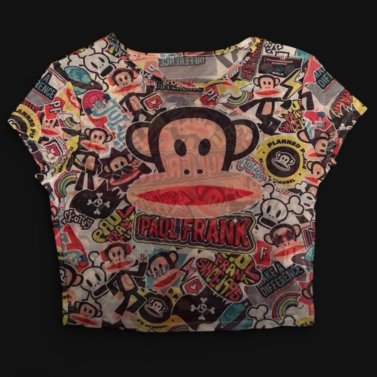 Paul Frank micro mesh crop top monkey graphic and colorful AOP stickers M Trendy