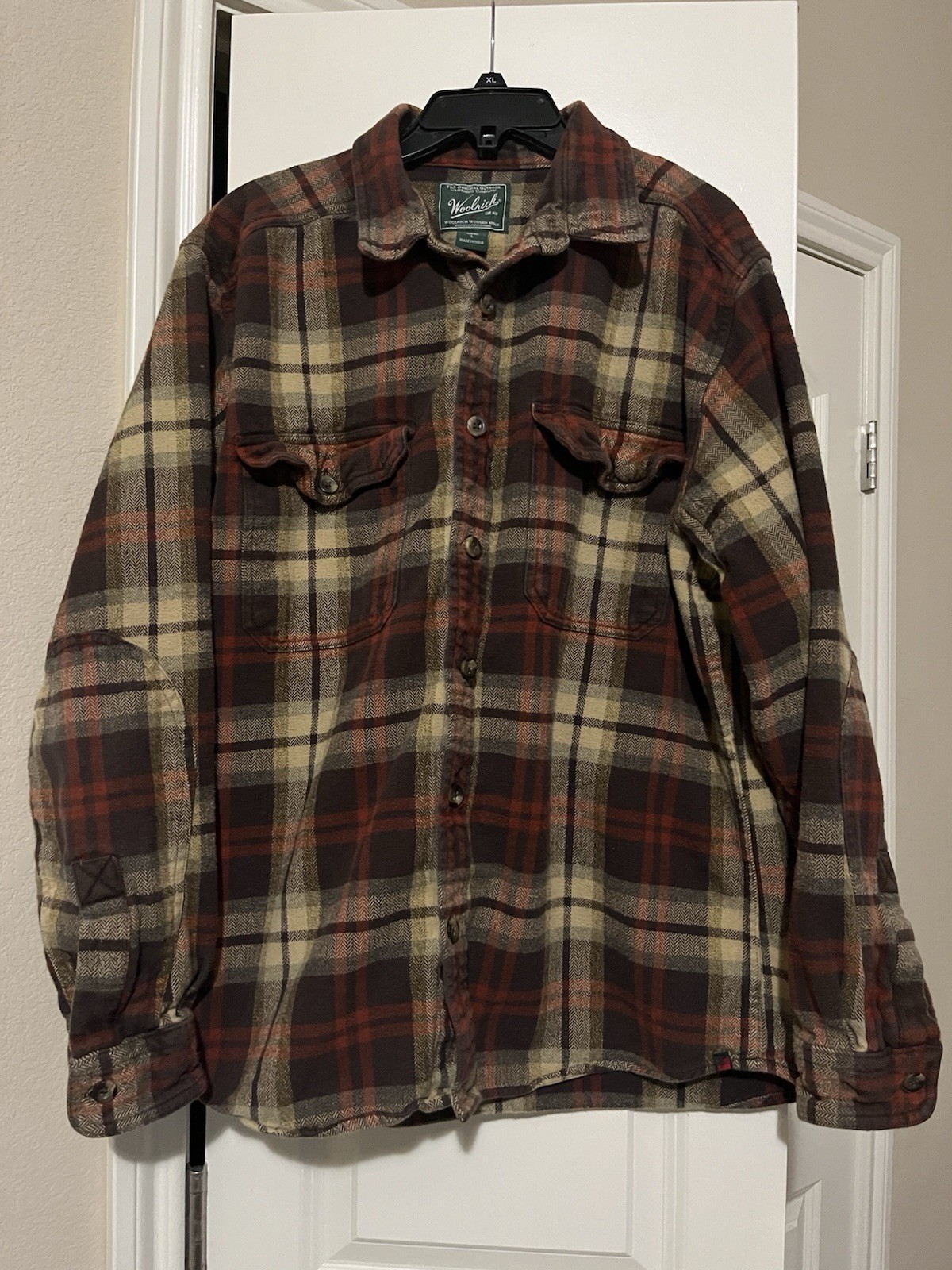 Woolrich 6111 Heavy Brown Cotton Flannel Shirt Jacket Men’s Large Elbow Pads
