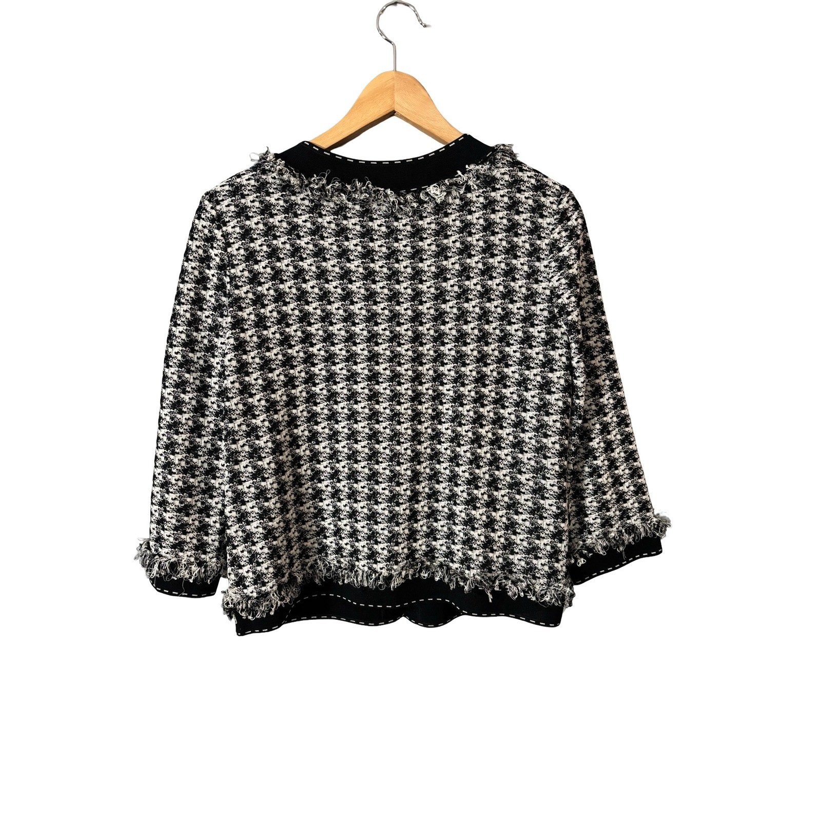 Ming Wang Houndstooth Knit Jacket Size M Black White Fringe Trim