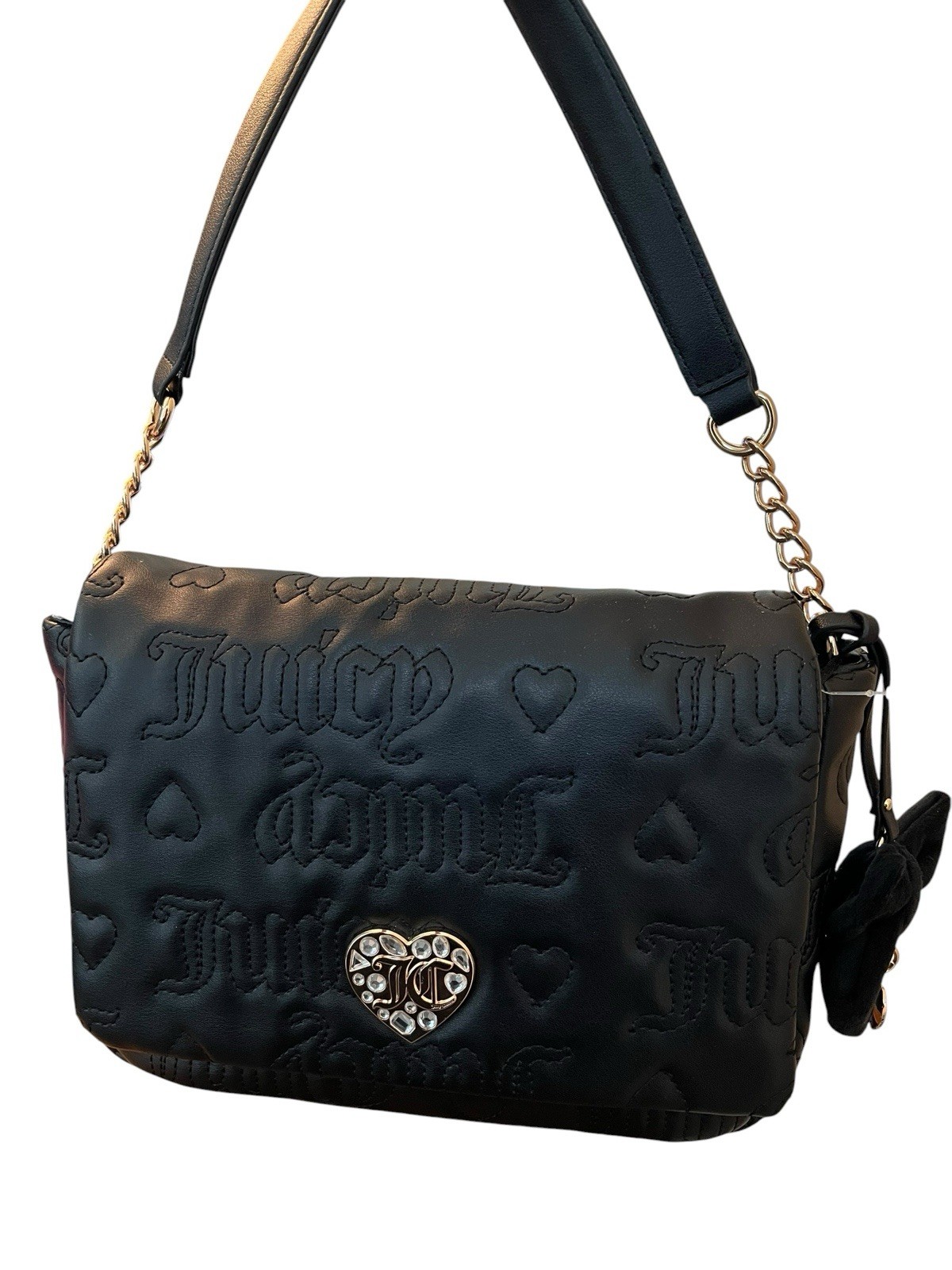 Juicy Couture Black Embossed Logo Shoulder Bag Bow Heart Charm Chain Link NWT
