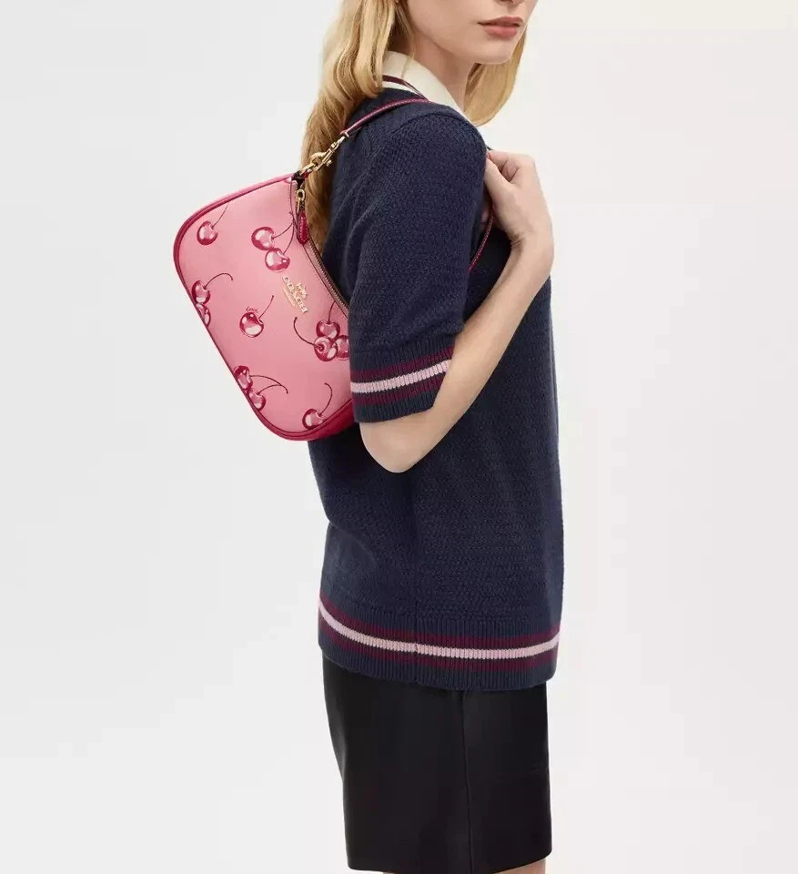 COACH Teri 2way Shoulder Bag Pink Canvas Leather Cherry Print CR290 Outlet New