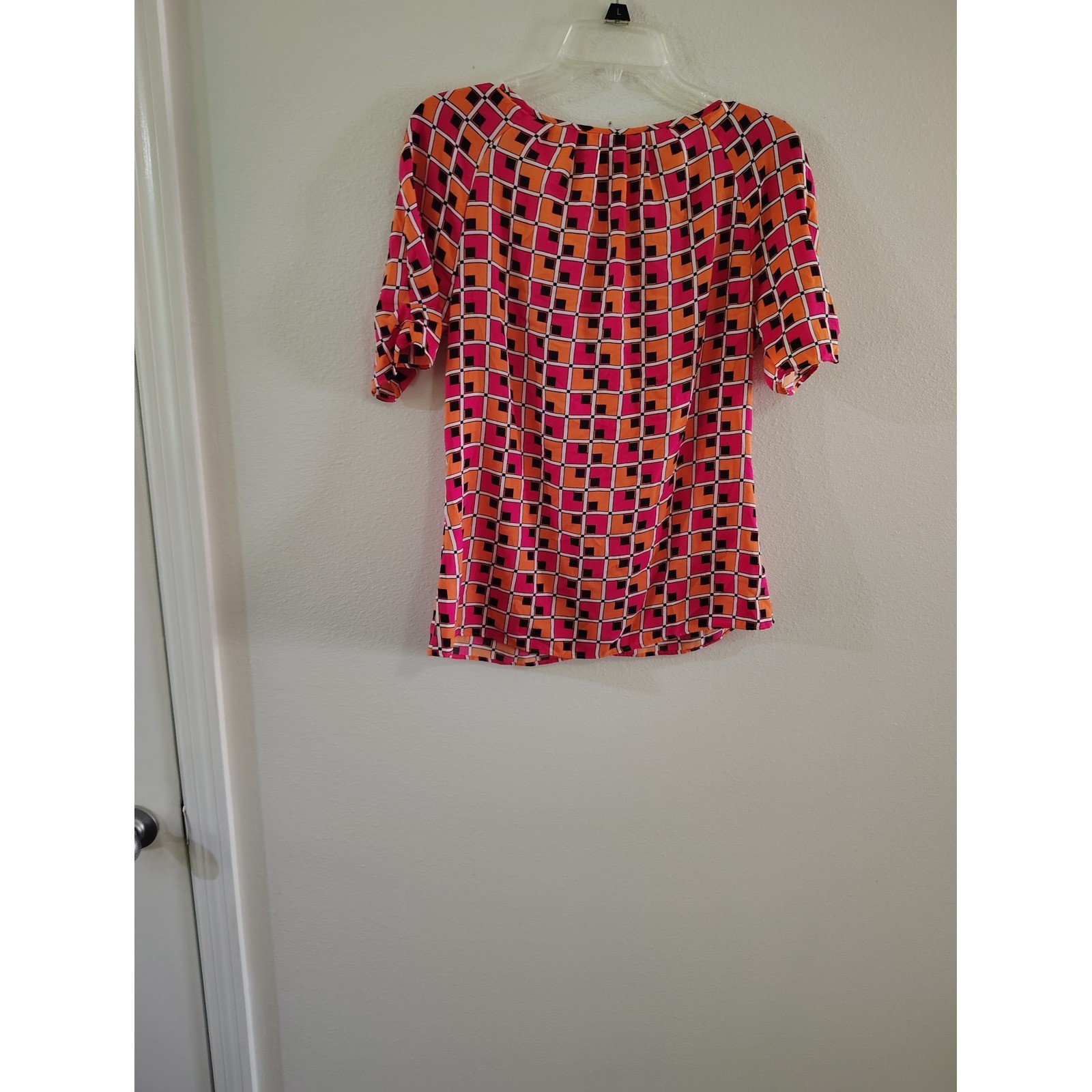 Worthington Womens Pink Orange Geometric Square Print Tie Neck Blouse Size M