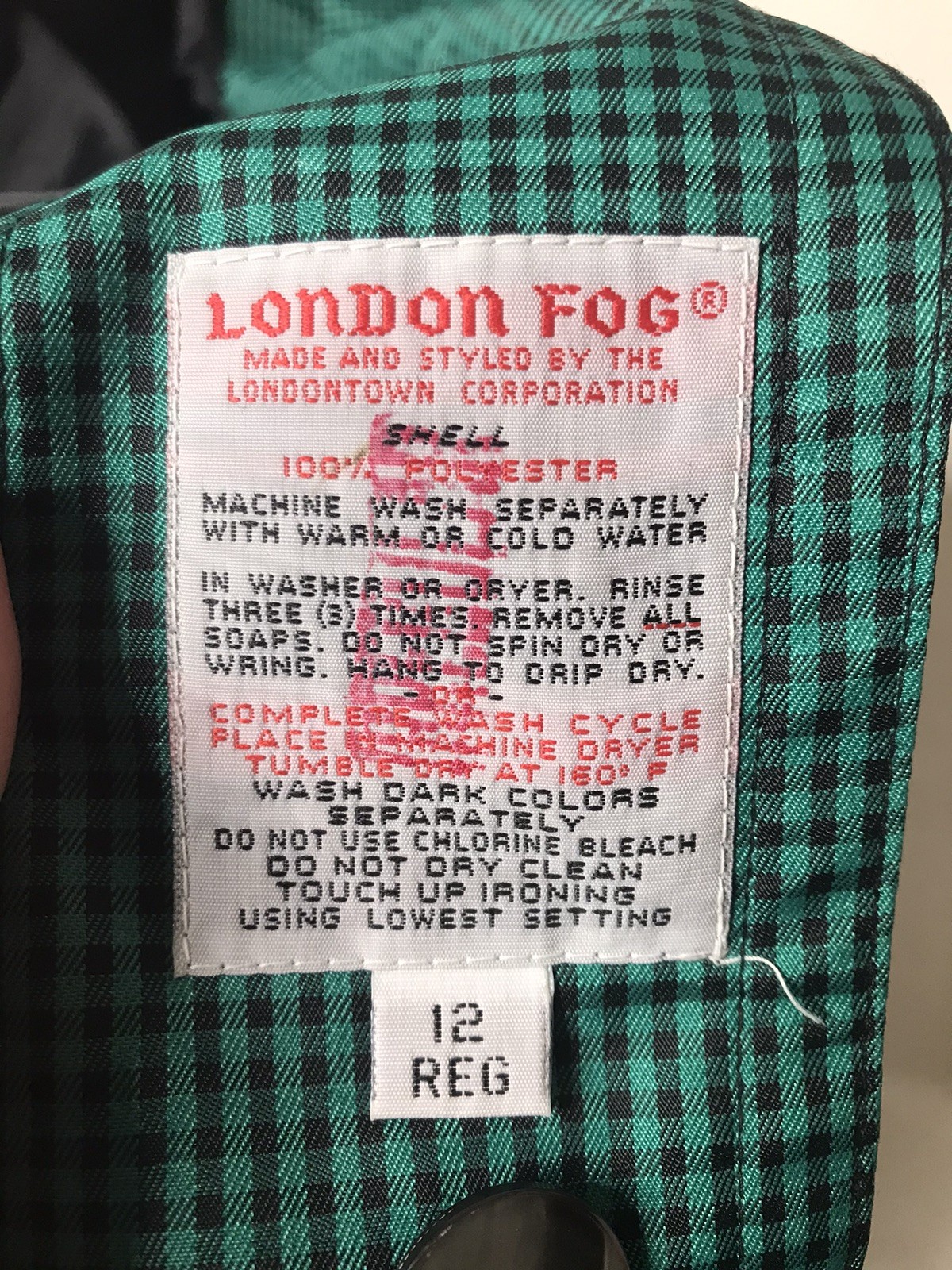 London Fog Green Black Plaid Trench Rain Coat Size 12 Reg