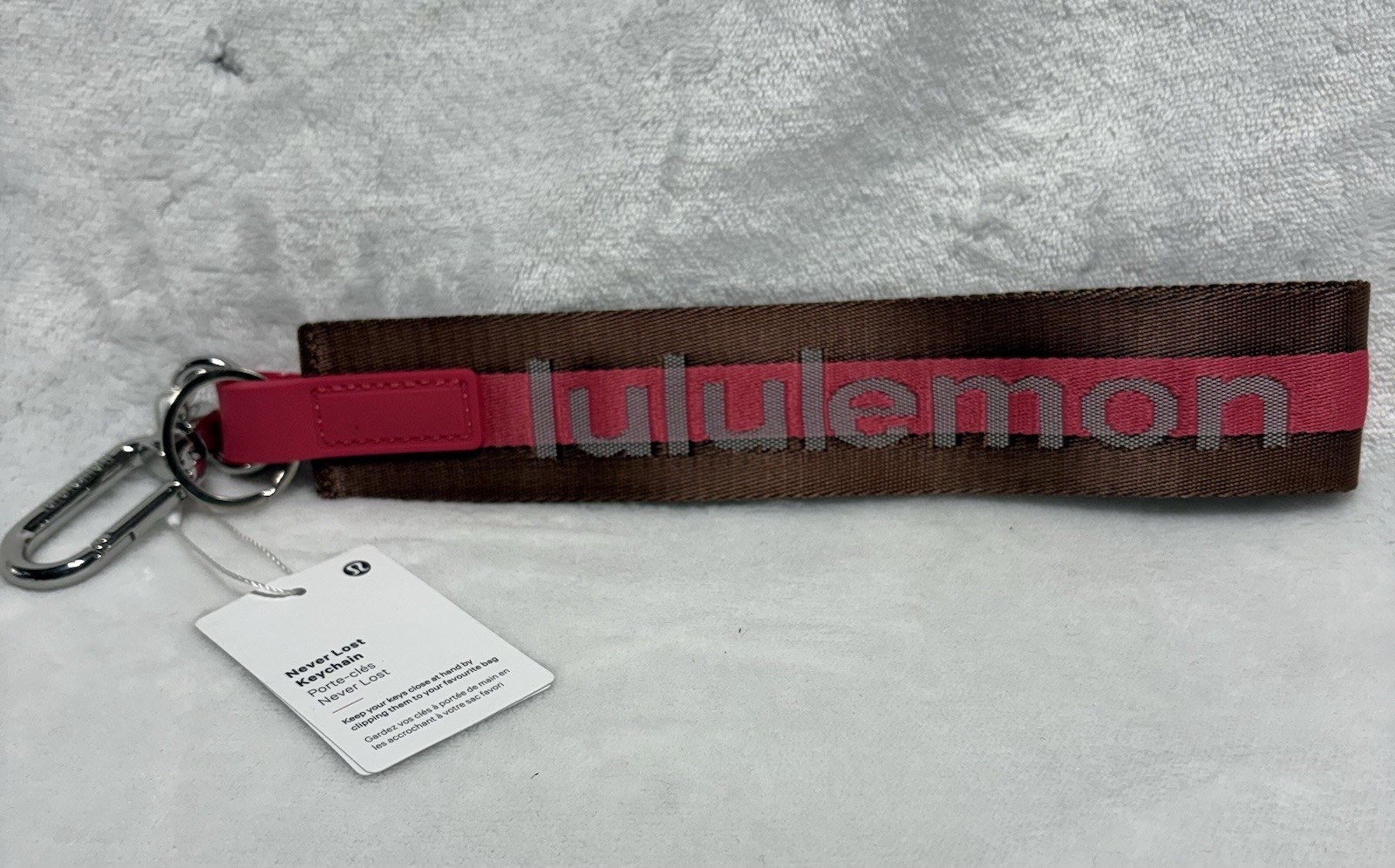 Lululemon Logo Wristlet Key Chain w/ Carabiner Clip, Pink & Brown