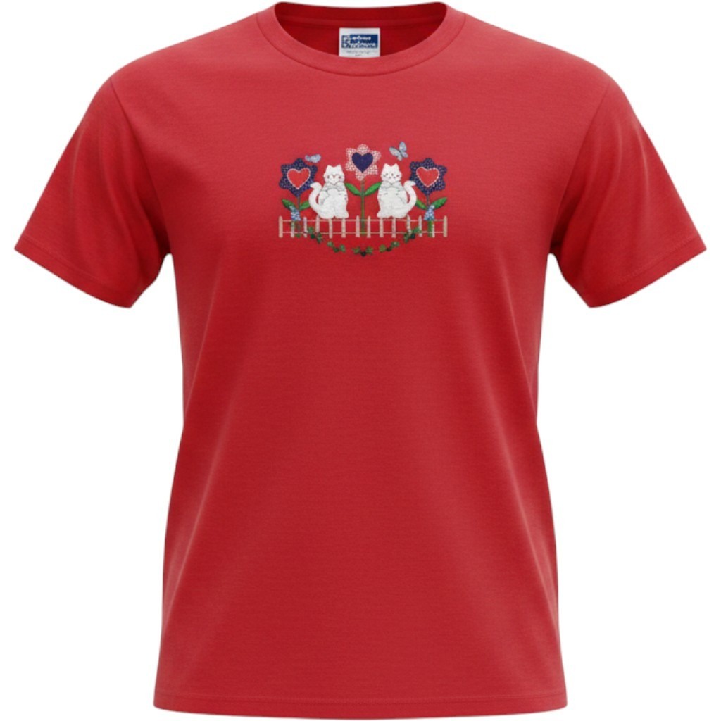Endless Designs T-Shirt Womens L Red Embroidered Cat Floral 90s Cottagecore Tee