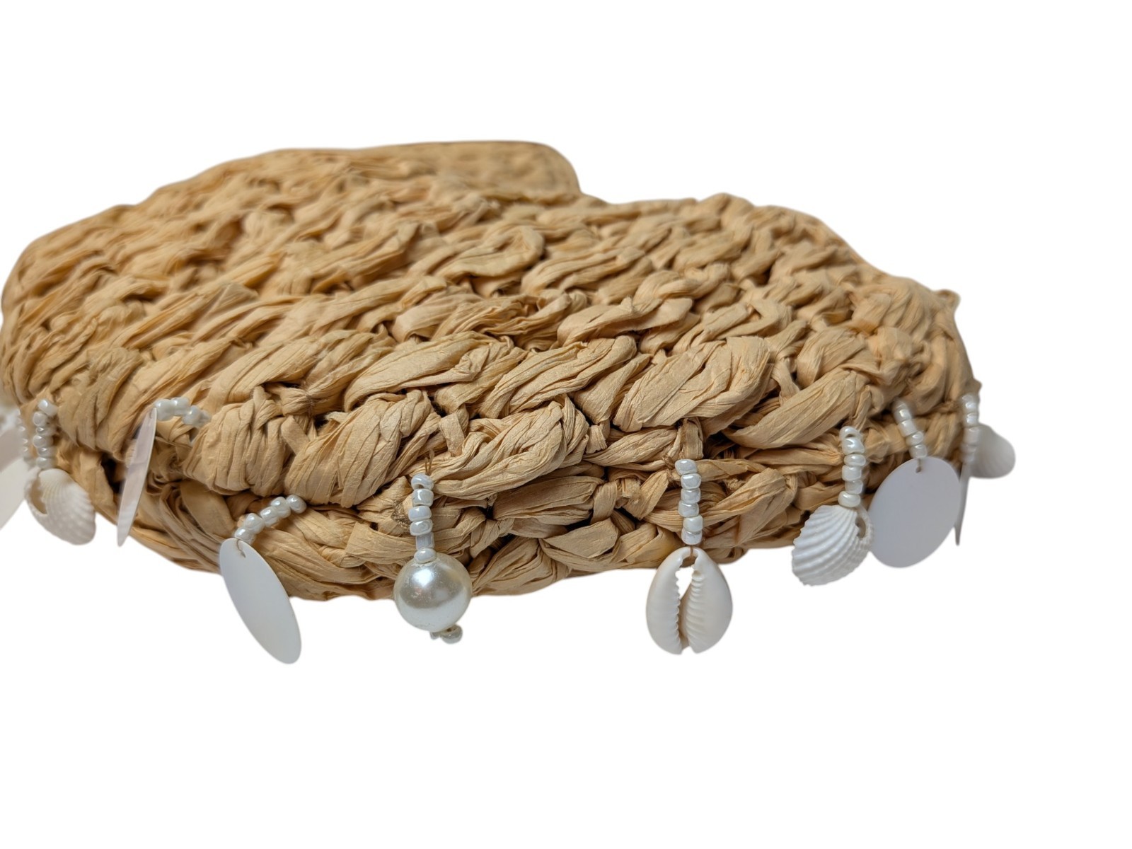 NWT From India To You Brand Artisan Lt Tan Raffia Genuine Shell Bead Accents Bag