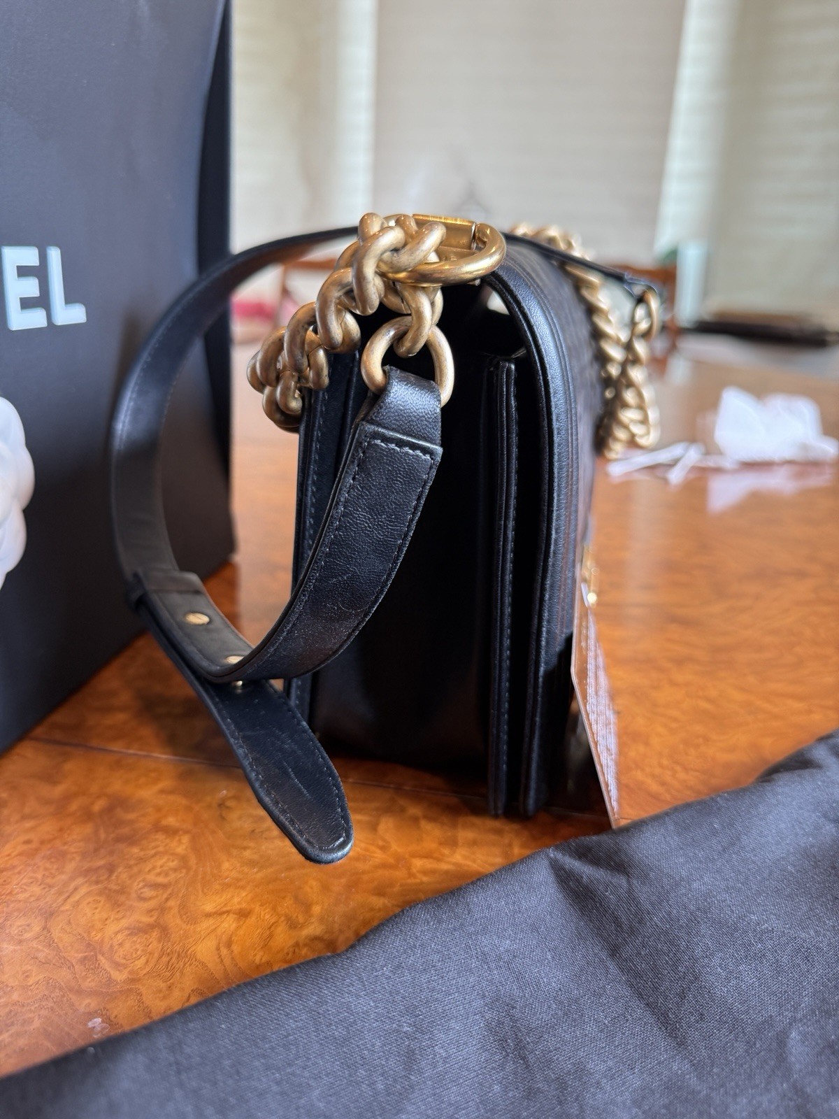 Authentic CHANEL Boy Bag Gold HW Medium Black Calfskin. Auth Card.