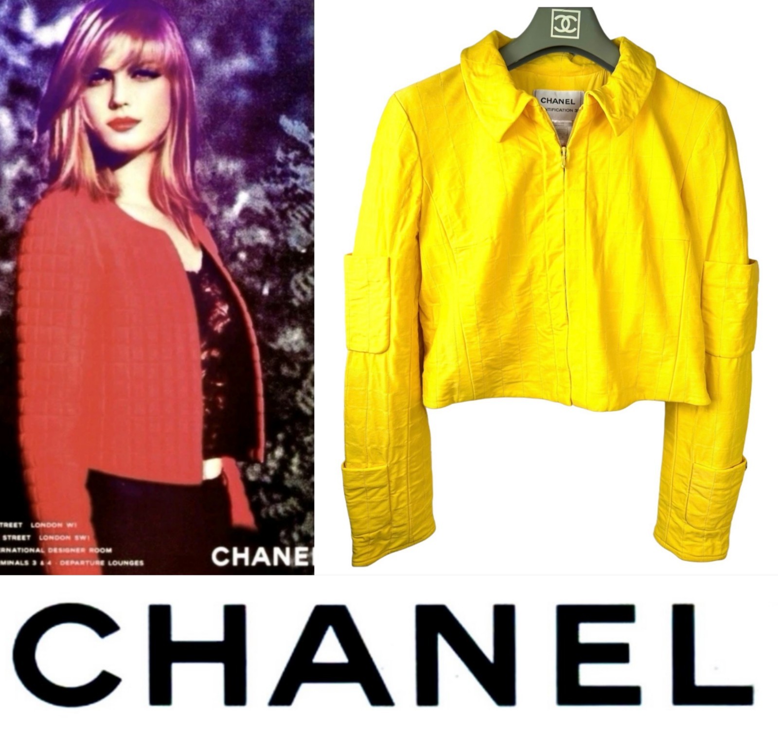 Chanel Vintage 2000 Yellow Jacket 36 38 40 4 6 8 Coat Top Black CC Op Taylor S M