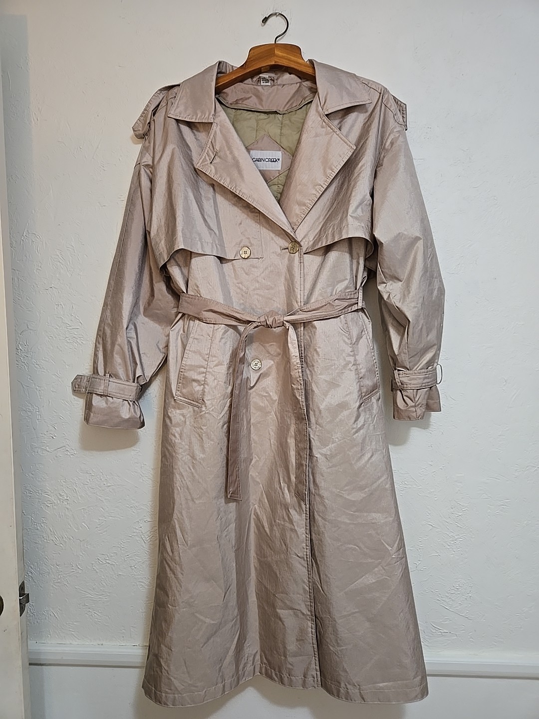 CABIN CREEK Trench Coat Sz 14 Tan Shimmer Double Breasted Zip Lining Rain Gear