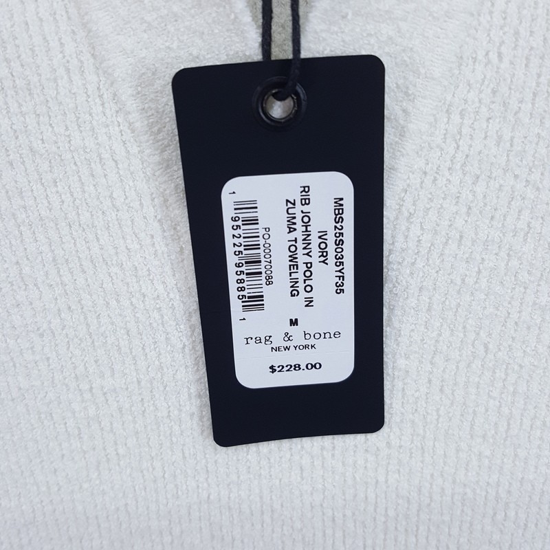 RAG & BONE Polo Shirt Mens Medium Off White V-Neck Johnny Zuma Toweling $228