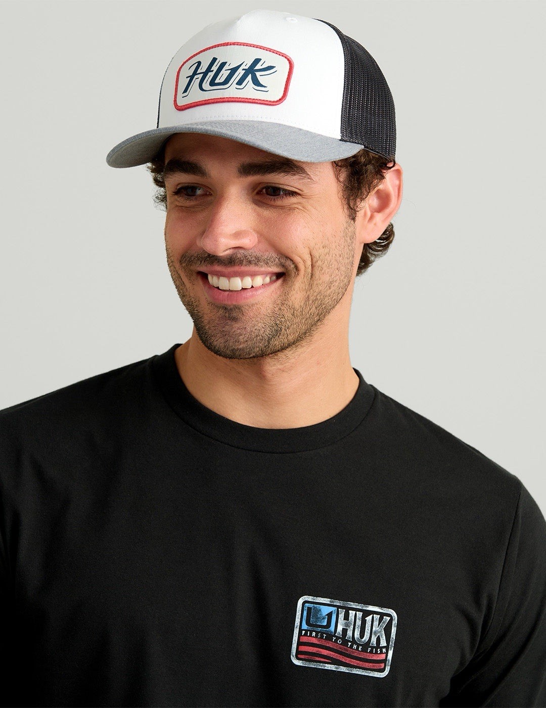 NWT Huk Script Patch Men’s Trucker Hat Heather Grey One Size A4
