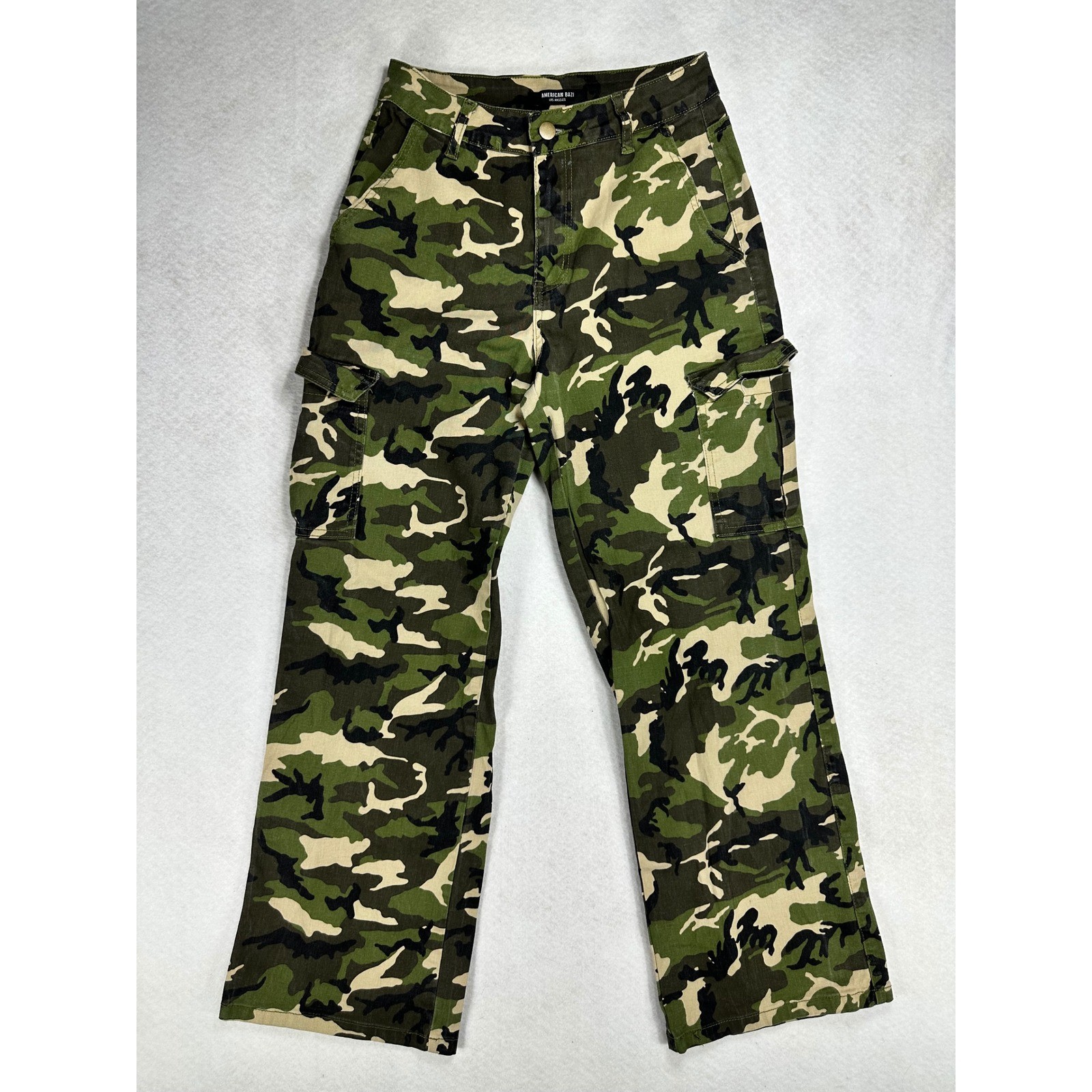 American Bazi Womens Camo Cargo Pants Green Woodland Straight Leg S