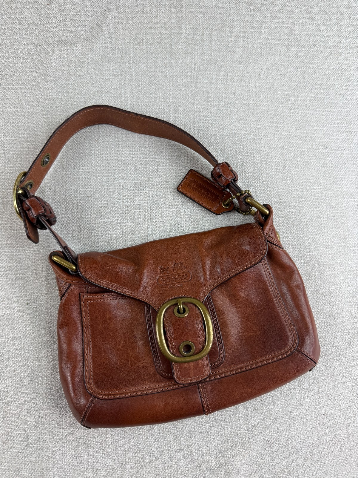 Coach Bleecker Legacy 11427 Cognac Leather Flap Shoulder Bag Tattersall Plaid