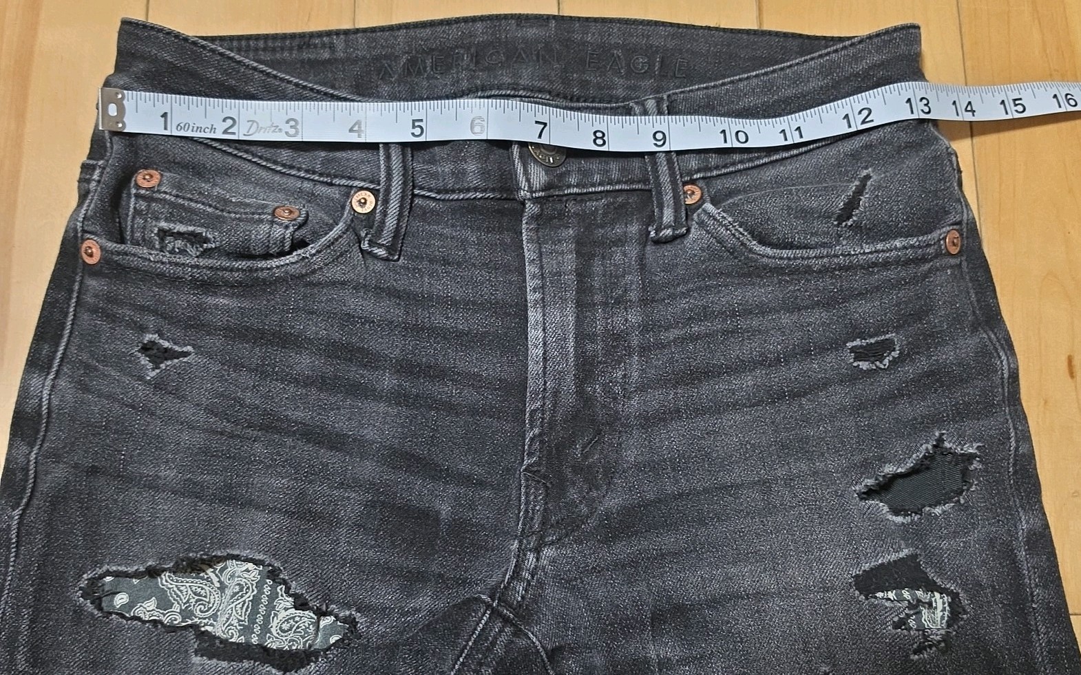 American Eagle Airflex 360 Skinny Jeans Black Distressed Ripped Patch Mens 26×27