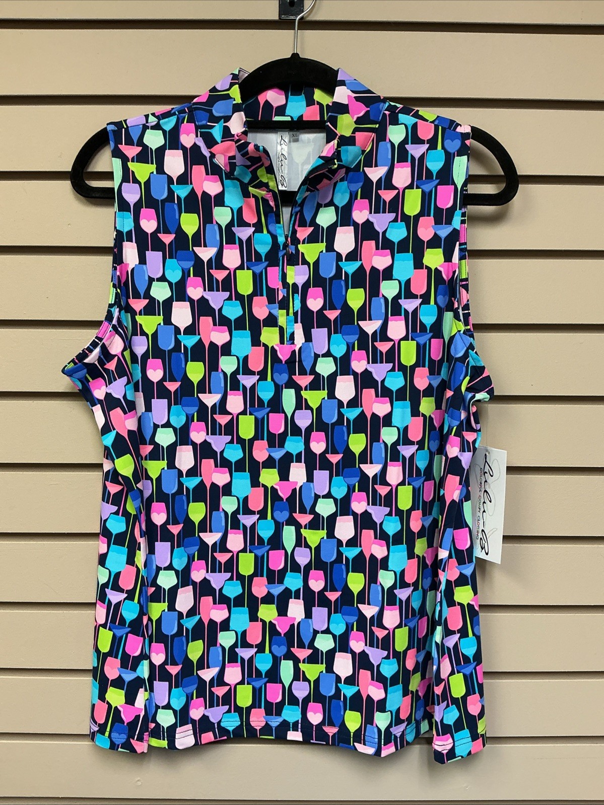 XL Lulu B Sleeveless Top V Neck Zip Mandarin Collar Multi Colored Cocktails NWT