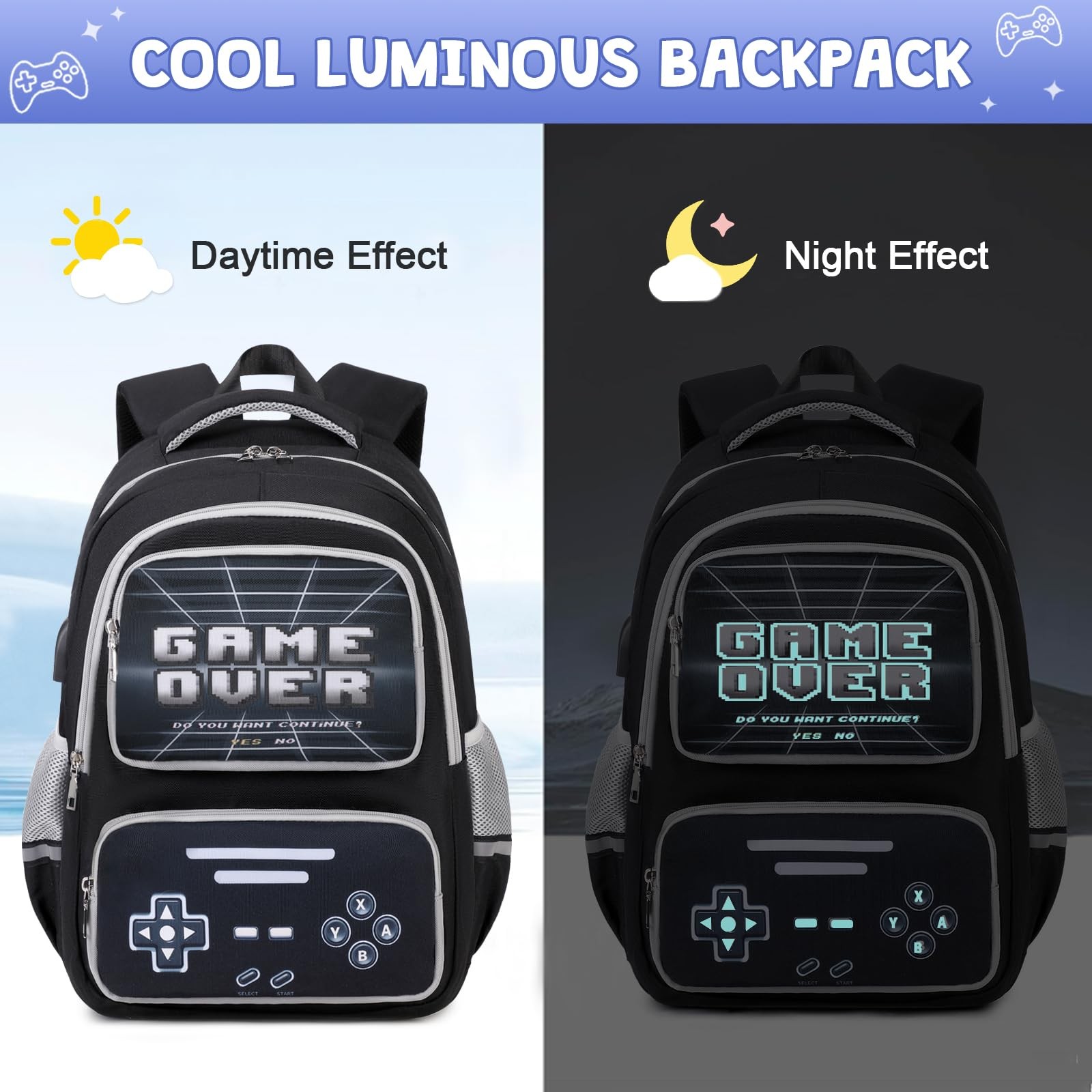 Gamer Backpack for Boys – Cool Luminous School Bag with Lunch Bag Pencil Case…