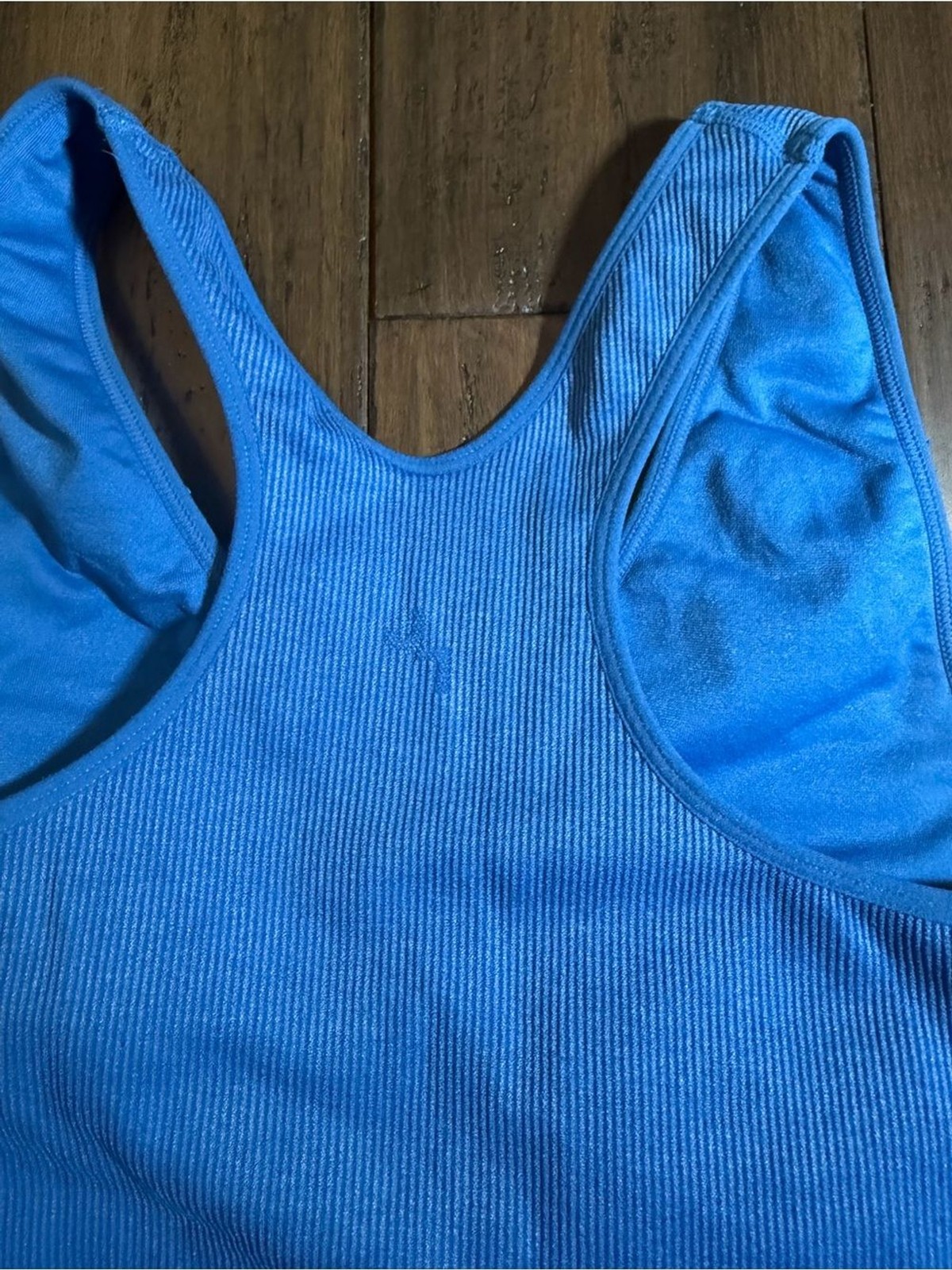 Joy Lab Women’s Blue Ribbed V-Neck Tank Top with Razor back and built-in bra.
