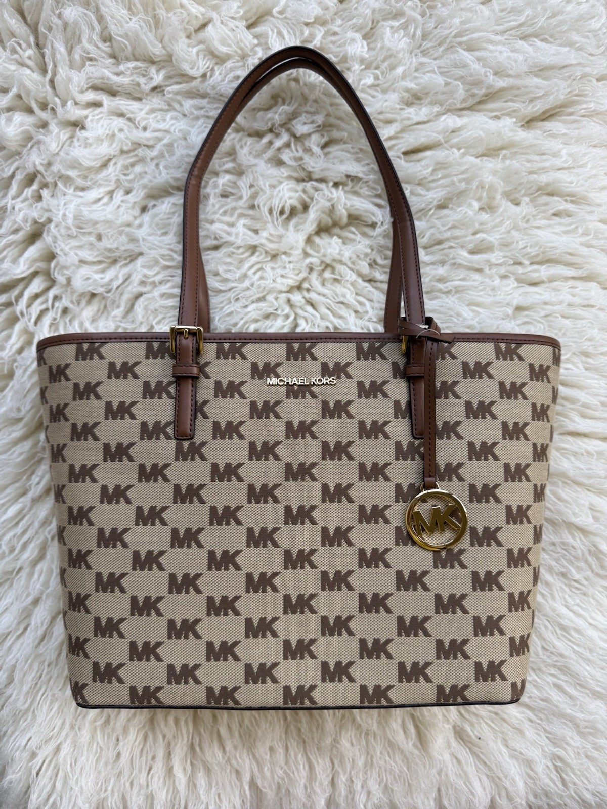 Michael Kors Jet Set Medium Carryall Tote Beige Ebony MK Logo NWT MSRP $298