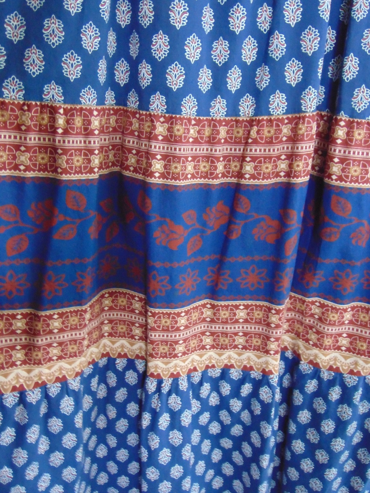 Vermont Country Store Cotton Batik Midi Dress Muumuu 1X Blue Red Tan Pockets